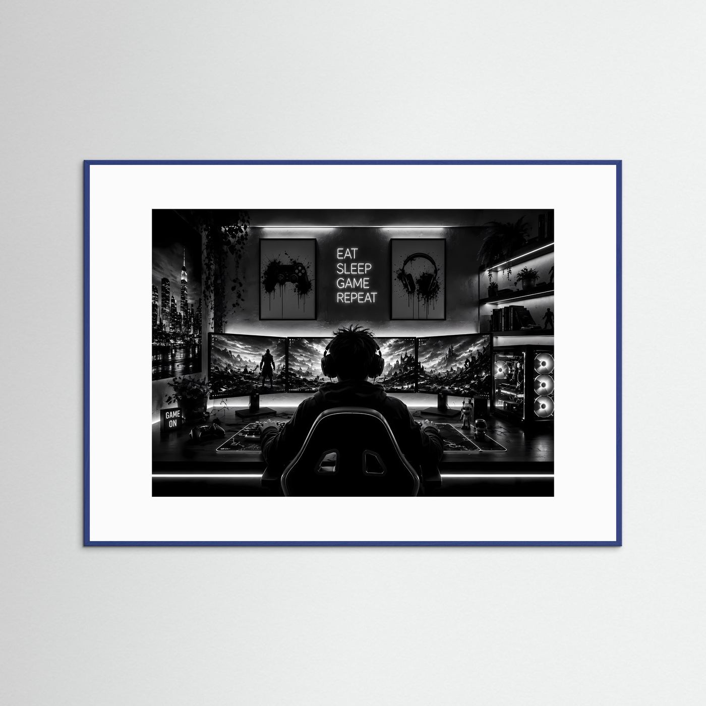 Gaming Poster Schwarz Weiß | Gamer Setup Wandbild | Gaming Room Deko | PC Gaming Kunst | Monochromer Fine Art Print
