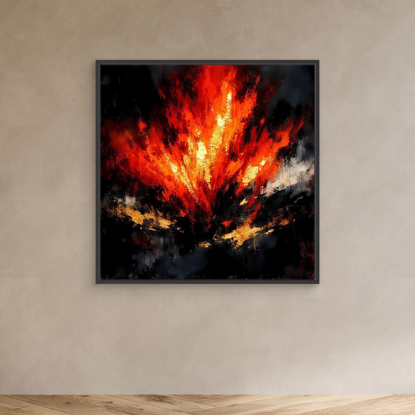 Abstraktes Leinwand-Wandbild mit Feueroptik in Rot und Orange im schwarzen Rahmen