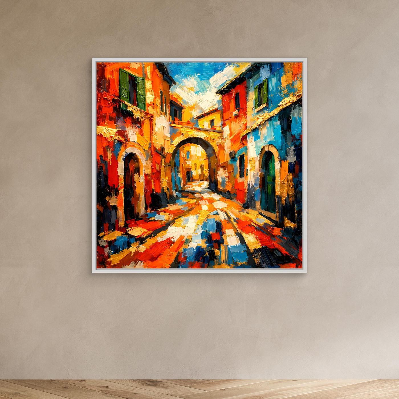 Leinwandbild mediterrane Gasse mit silberfarbenem Rahmen, farbige Häuser und Kopfsteinpflaster