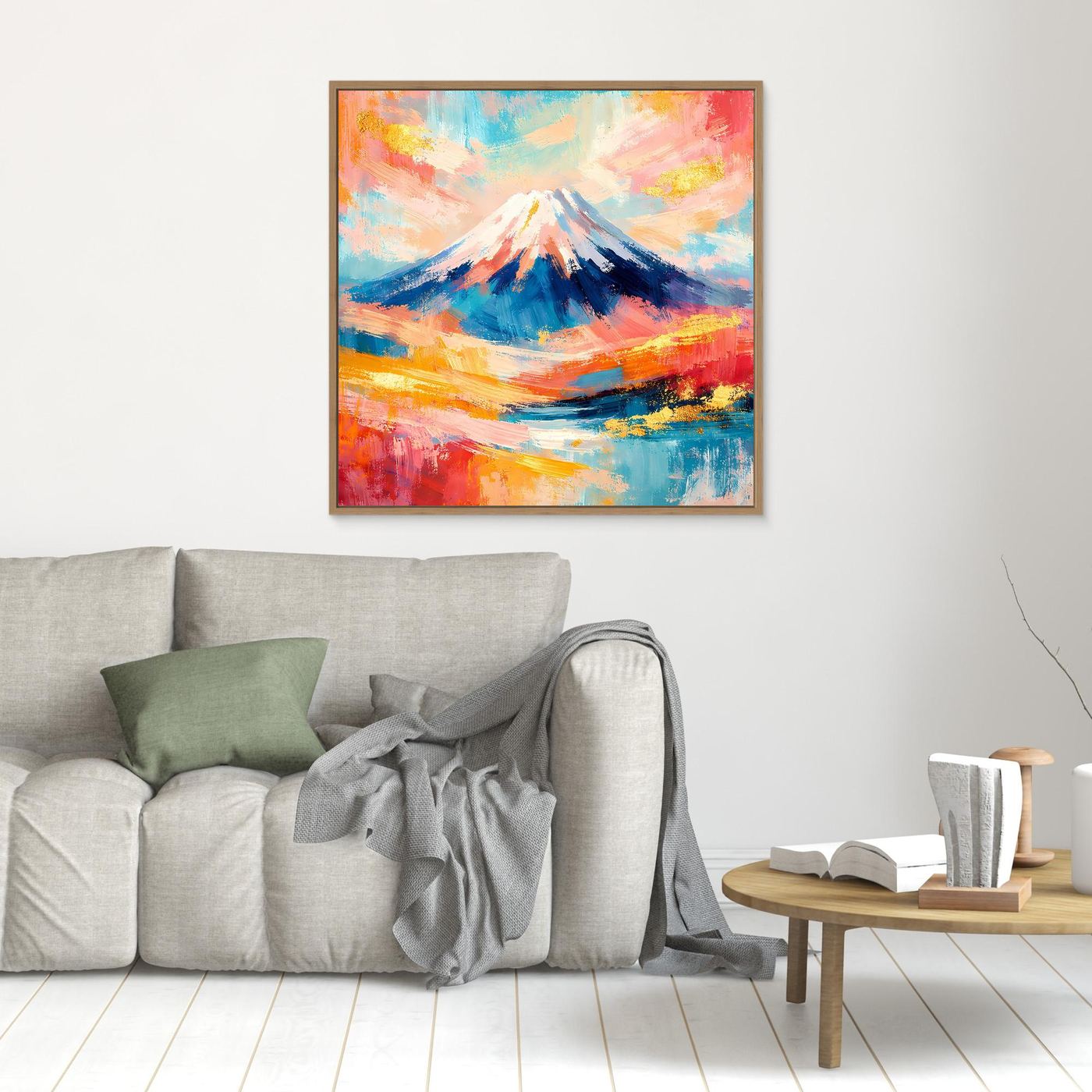 Leinwandbild mit abstraktem Mount-Fuji-Bergmotiv, brauner Rahmen, farbenfrohe Landschaft