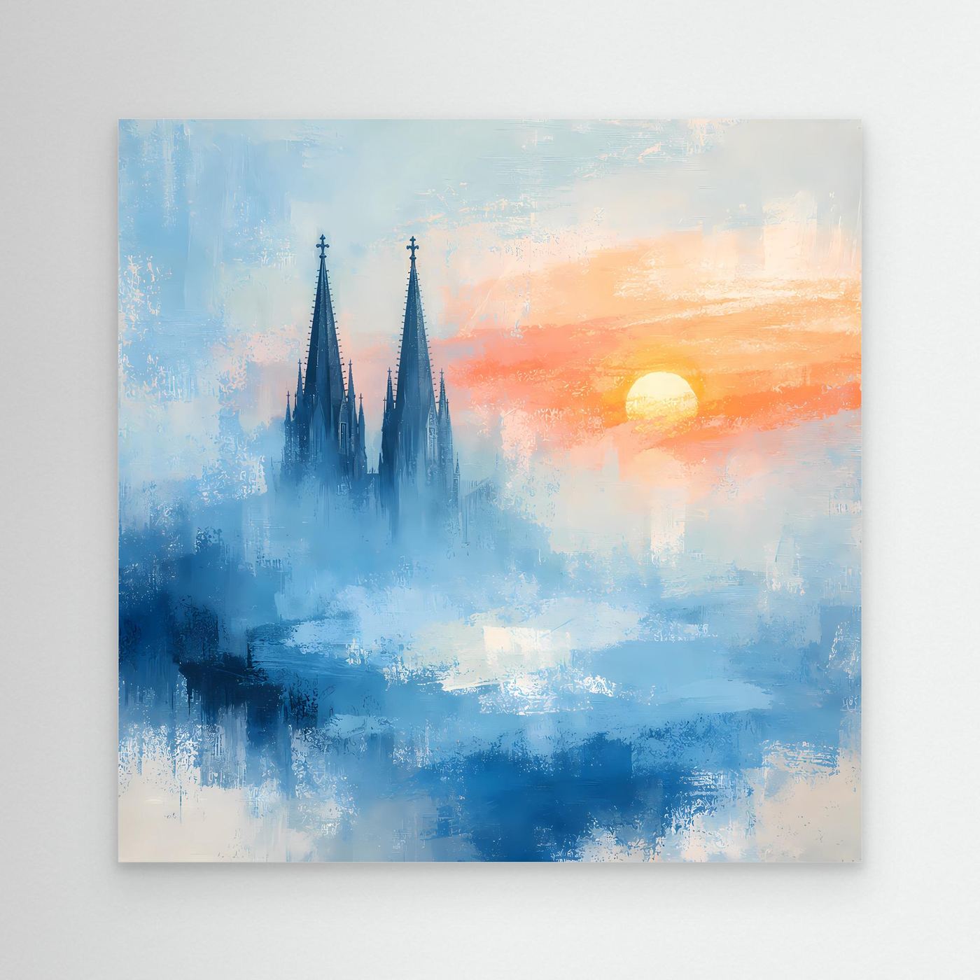 Kölner Dom Silhouette in Nebelblau | Moderne Abstrakte Leinwand mit Sonnenaufgang