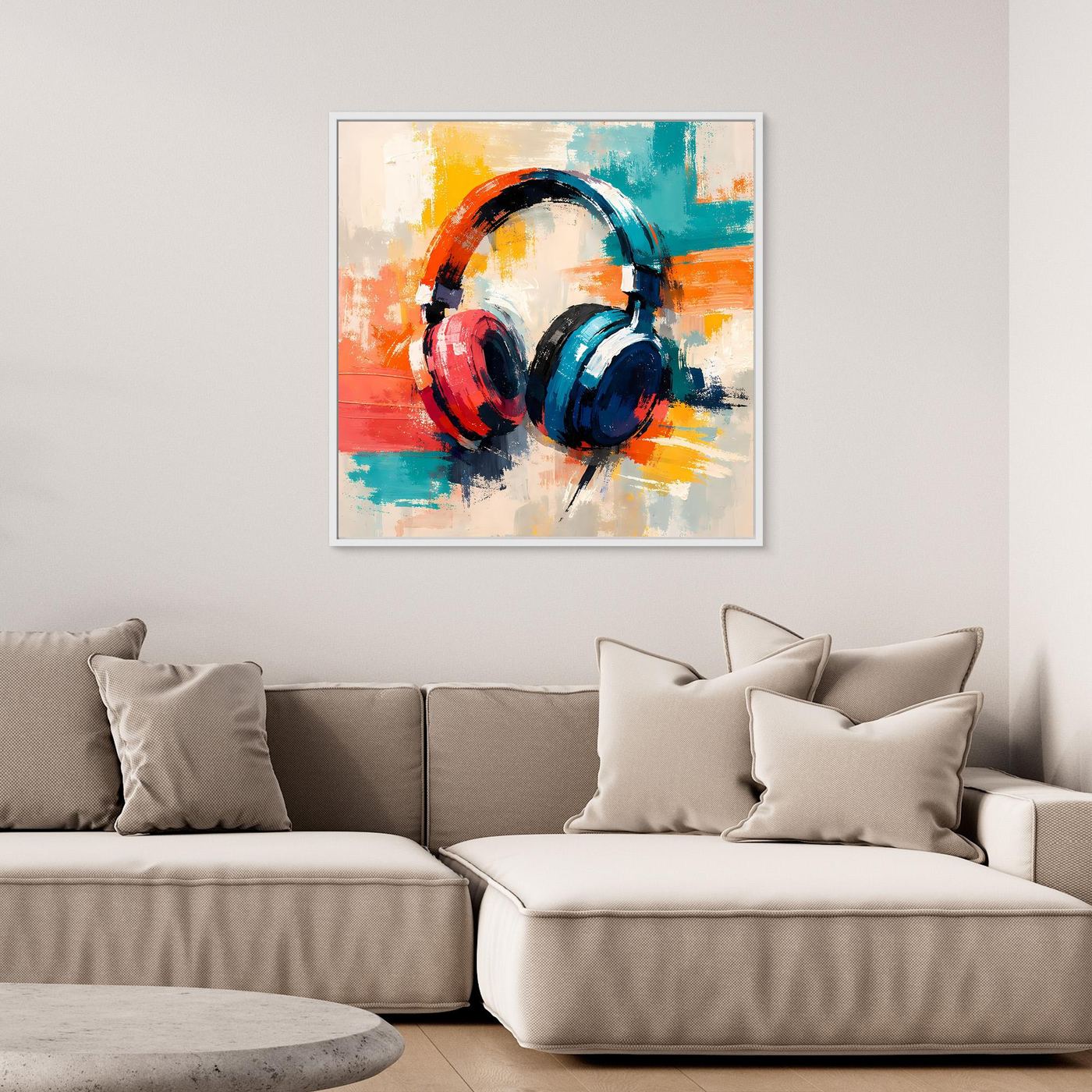 Framed abstract canvas wall art of DJ headphones in red, blue, and orange brushstrokes