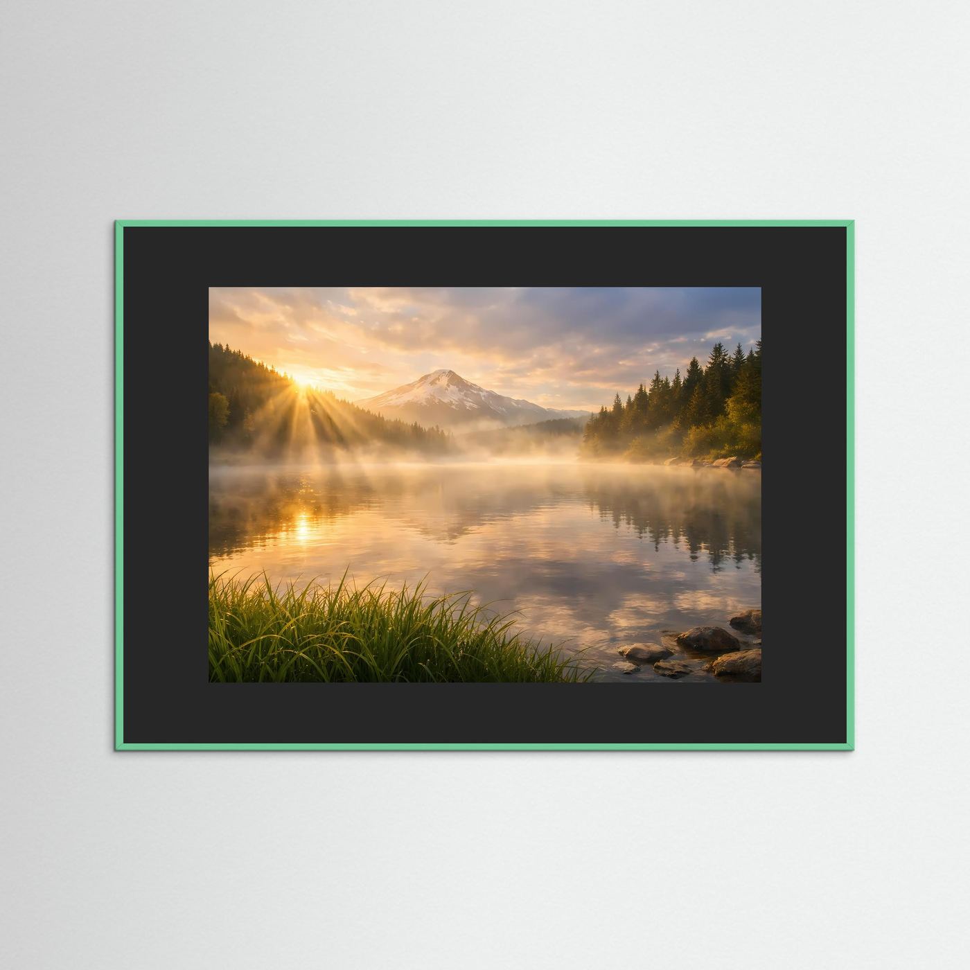 Wandbild mit dunkelgrünem Rahmen; Landschaft mit See, Bergsilhouette und Sonnenaufgang.