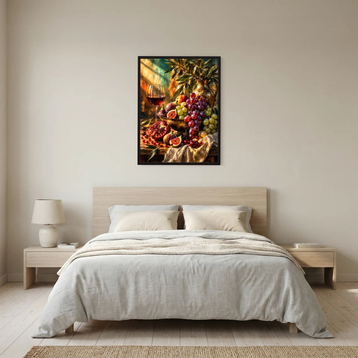 Hochformatiges Poster: Trauben, Feigen, Granatapfel und Wein im schwarzen Rahmen