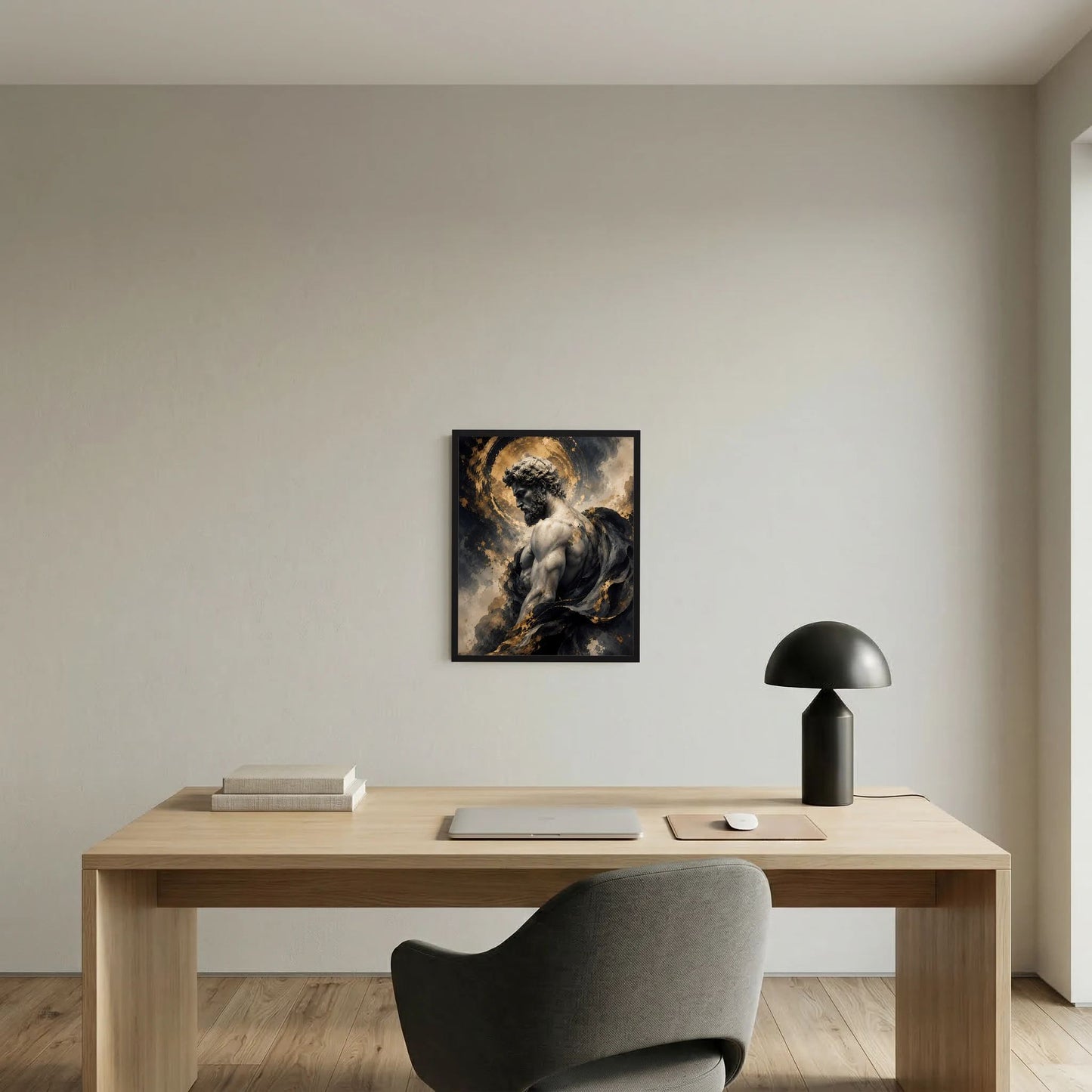 Gerahmtes Kunstposter im Hochformat mit Männerstatue und goldenem Heiligenschein, Schwarz-Gold