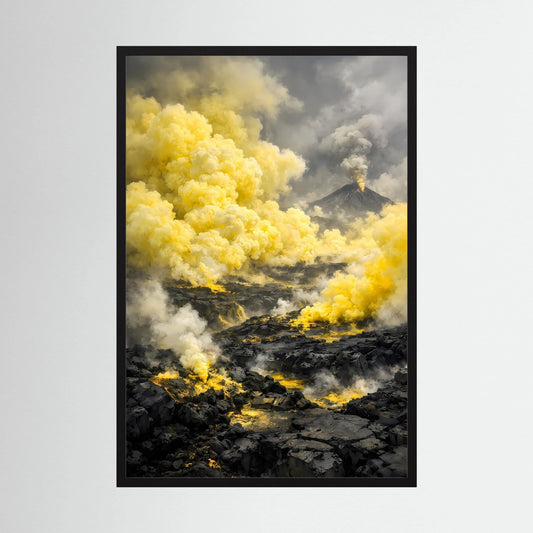 Die Kraft der Natur | Abstraktes Vulkan Poster in Gelb & Schwarz | Modernes Landschaftskunstposter Hochformat