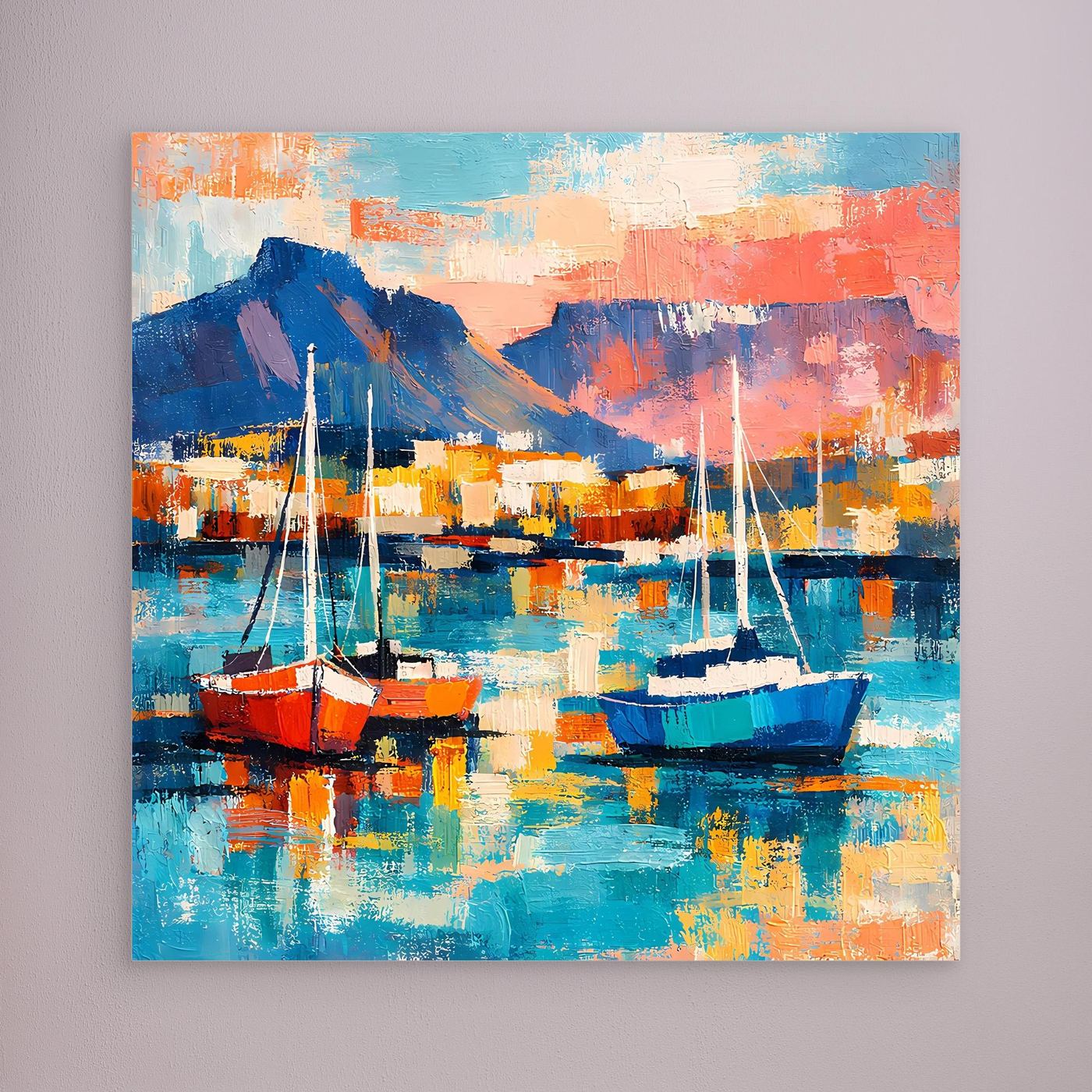 Leinwand-Wandbild mit abstrakten Segelbooten, Hafen und Bergen, ohne sichtbaren Rahmen