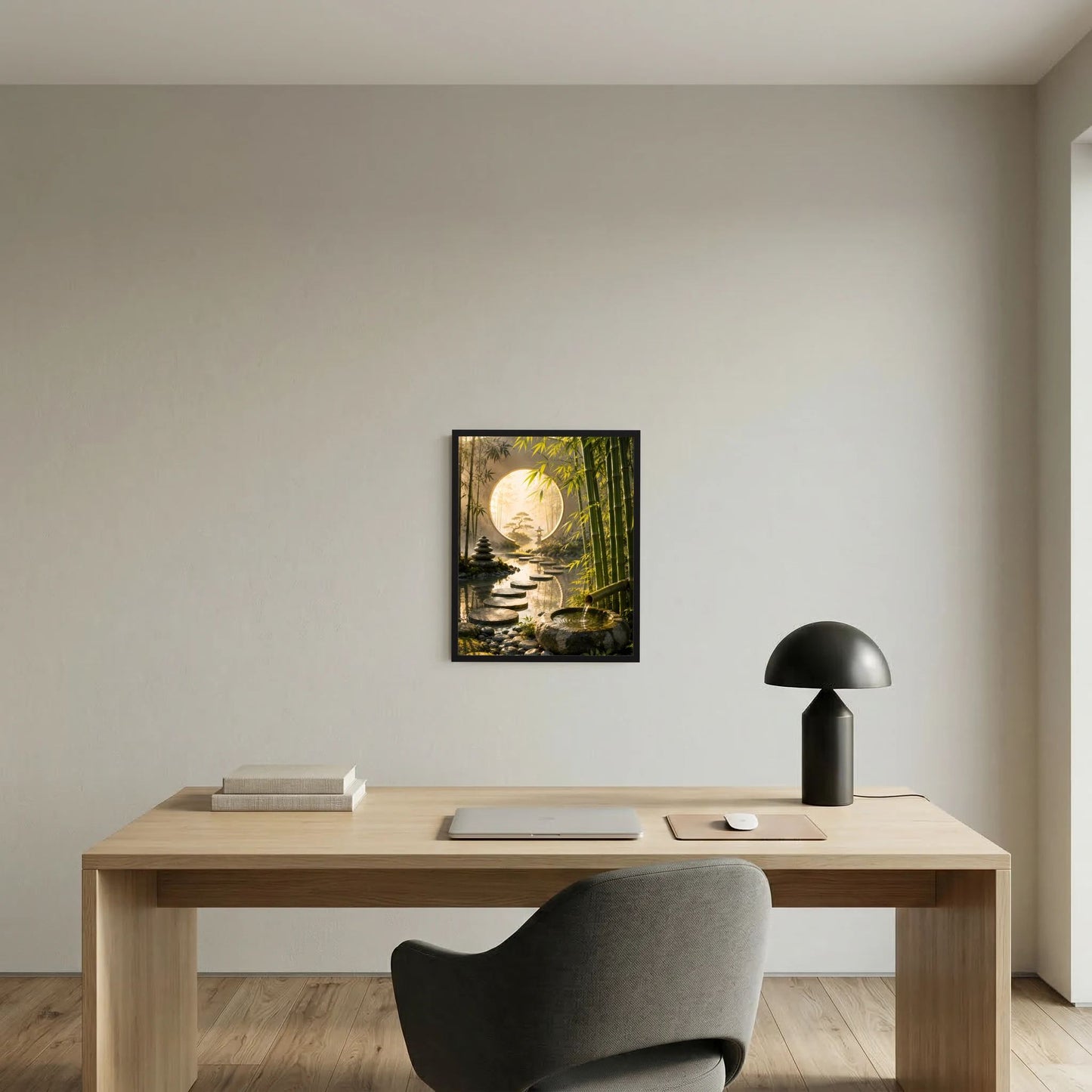 Zen-Garten-Poster im Hochformat mit schwarzem Rahmen, rundes Mondtor und Bachlauf