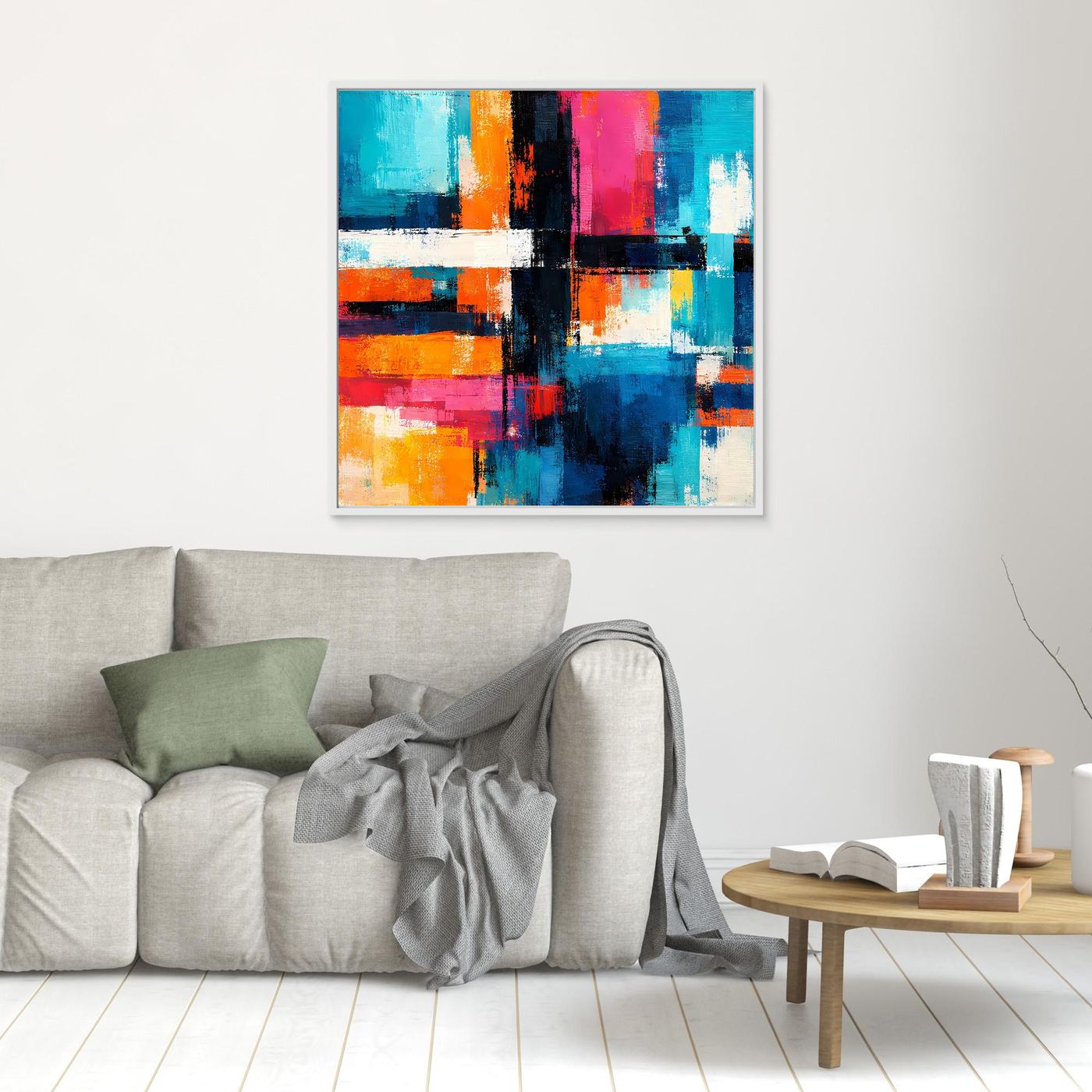 Abstract geometric wall art, multicolor blocks with dark cross lines, light frame