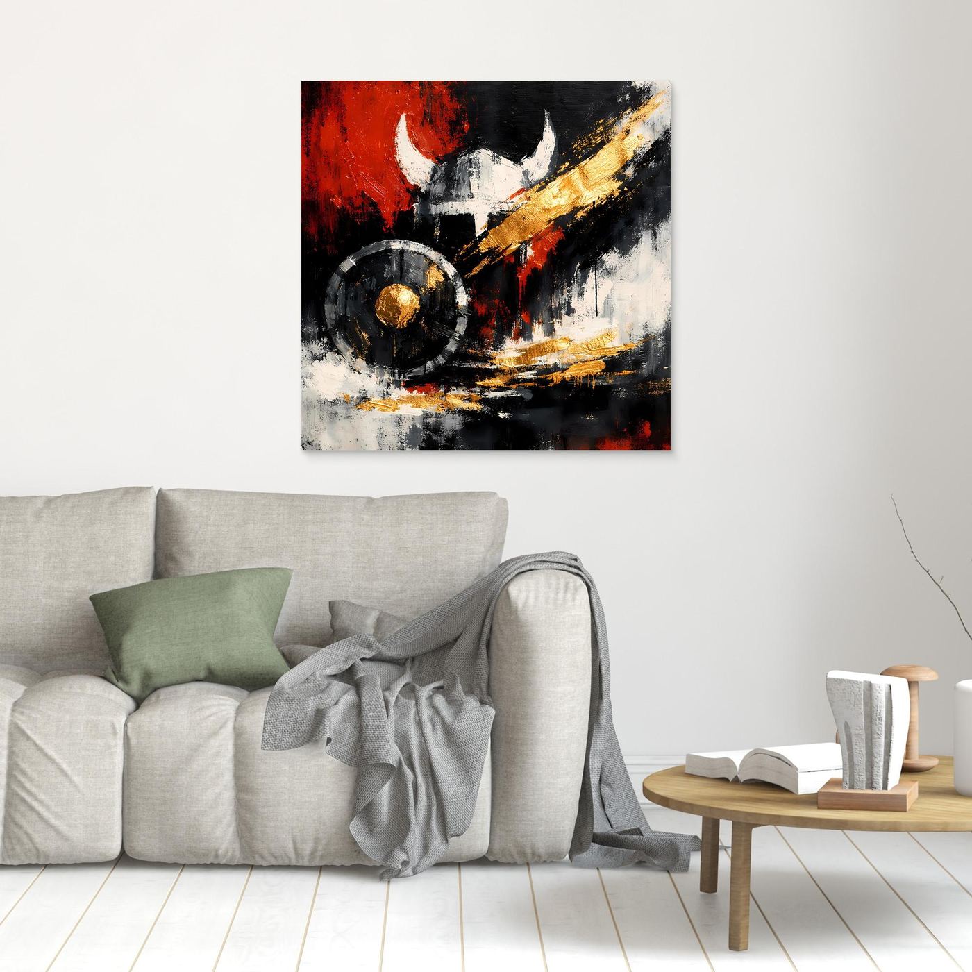 Leinwand-Wandbild mit abstraktem Wikingerschild und Helm