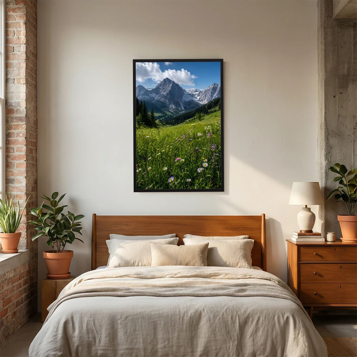 Wandbild mit Alpenberg und Wildblumen im Hochformat, schwarzer Rahmen