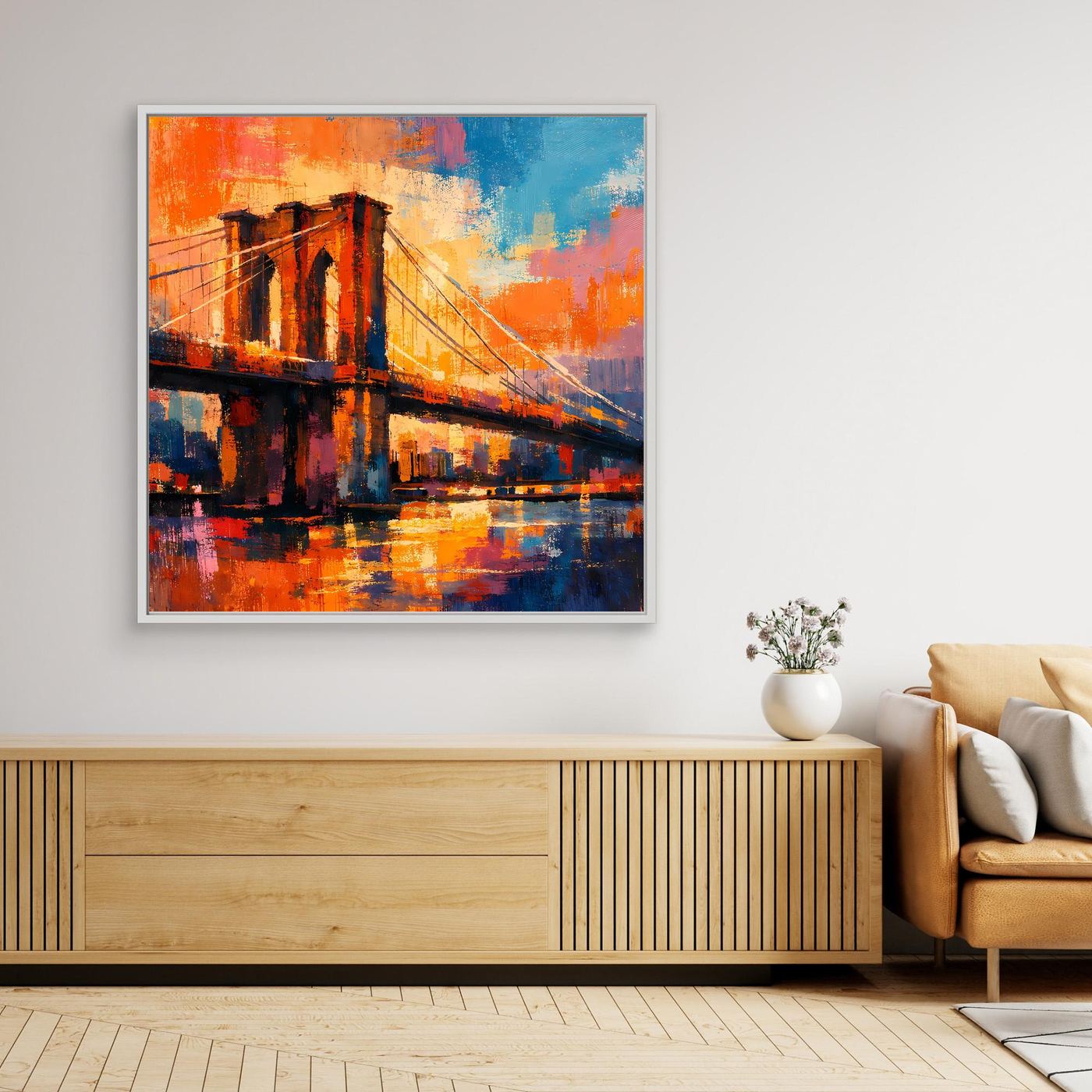 Gerahmtes Leinwand-Wandbild: abstrakte Brücke in Orange, Blau und Rot, weißer Rahmen