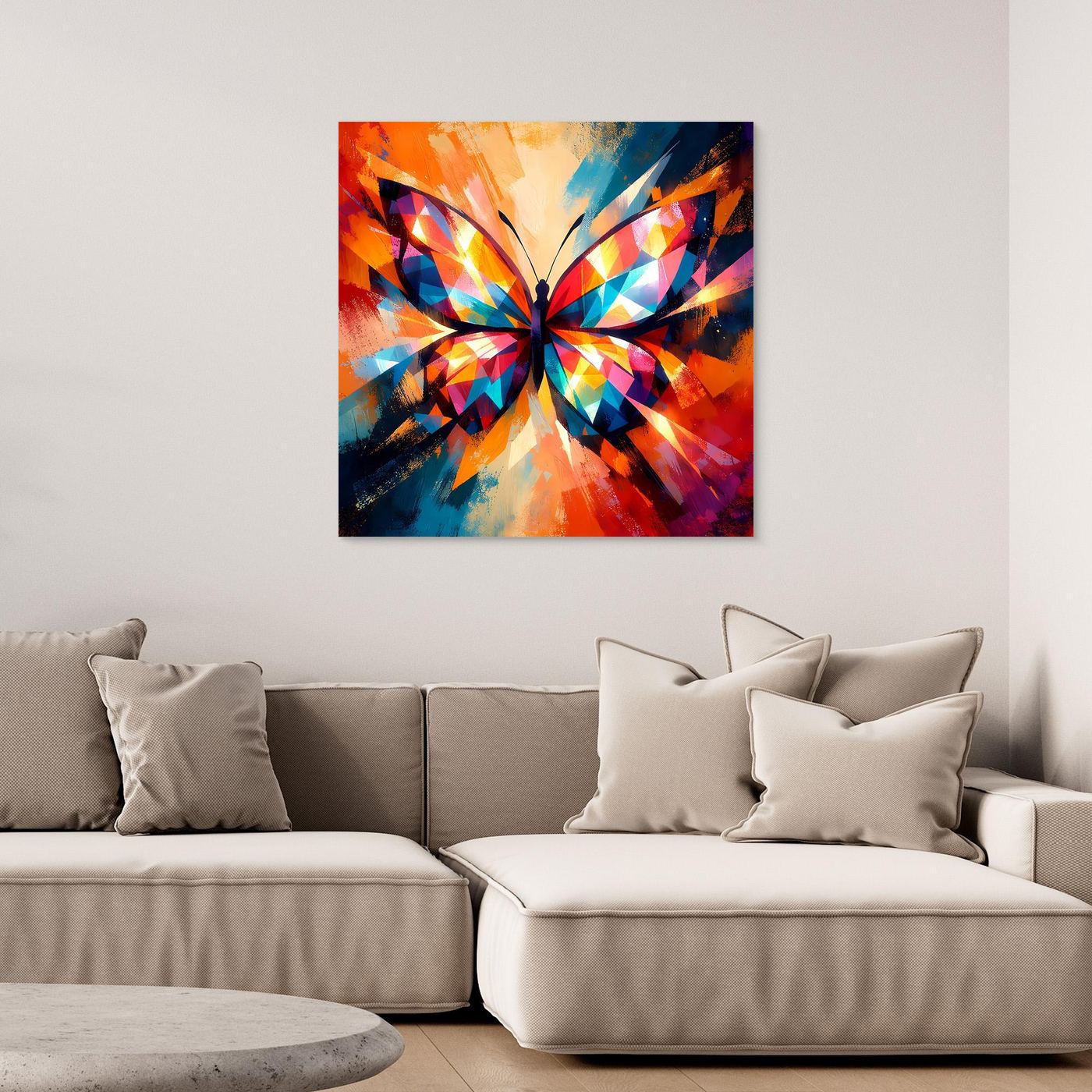 Buntes abstraktes Schmetterlings-Wandbild aus Leinwand, mit dunklem Rahmen