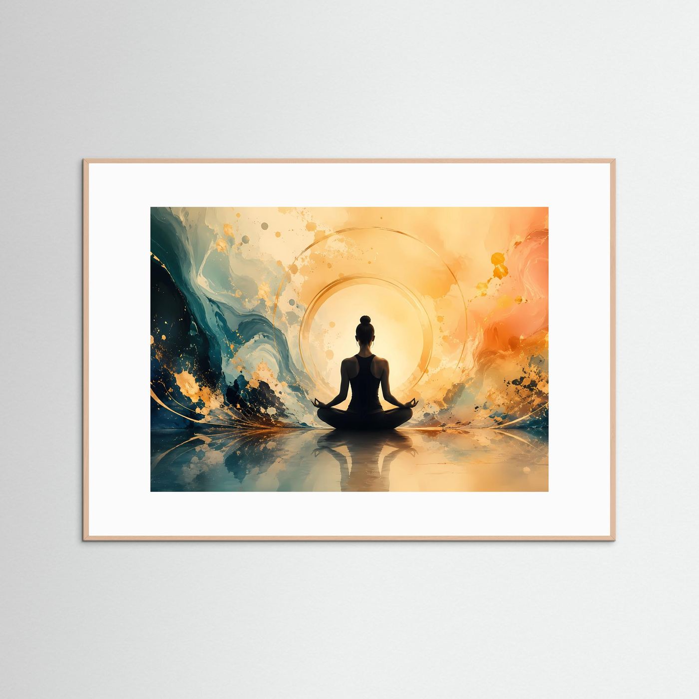 Innere Ruhe und Balance: Meditierende Figur im Lichtkreis | Modernes Yoga-Poster Querformat