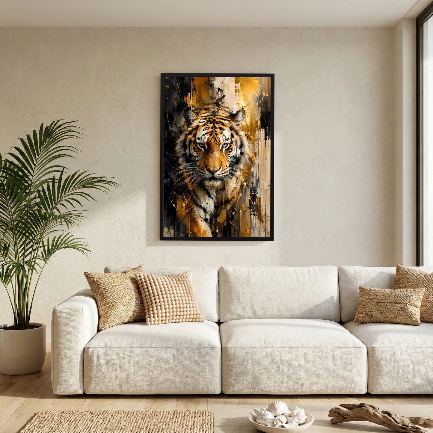 Tigerkunstposter im Hochformat mit schwarzem Rahmen, abstraktes Raubtierporträt in Gold und Schwarz.