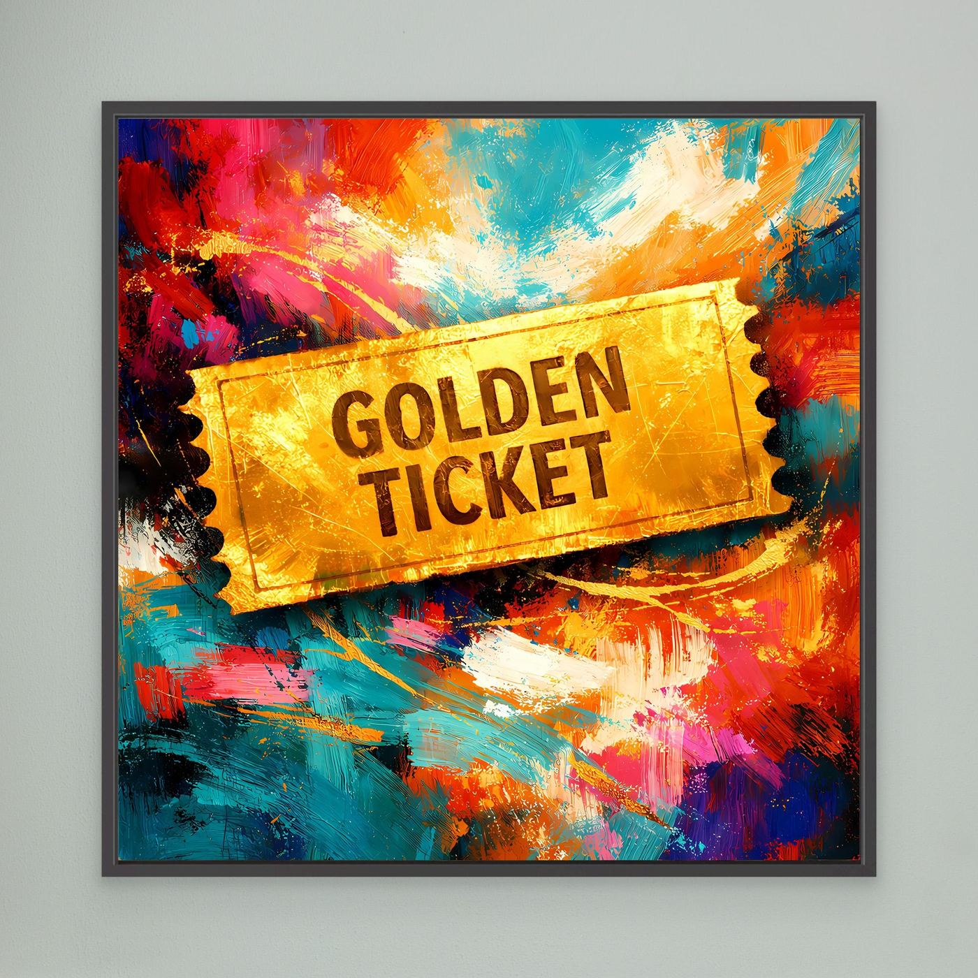 Gerahmtes Leinwandbild „Golden Ticket“ mit abstraktem Pop-Art Muster, dunkler Rahmen