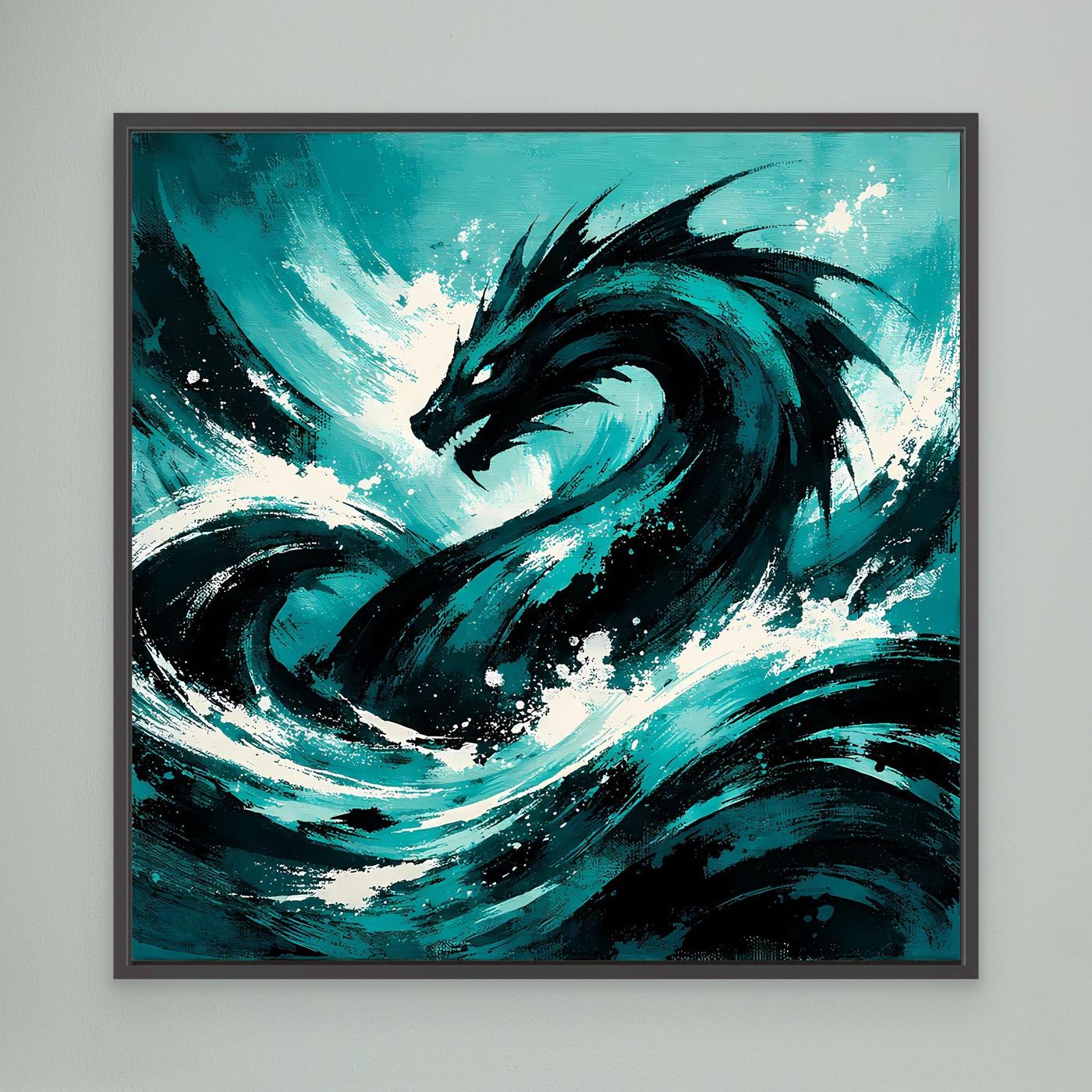 Wandbild mit Seeungeheuer in türkisblauer Welle, schwarzer Rahmen