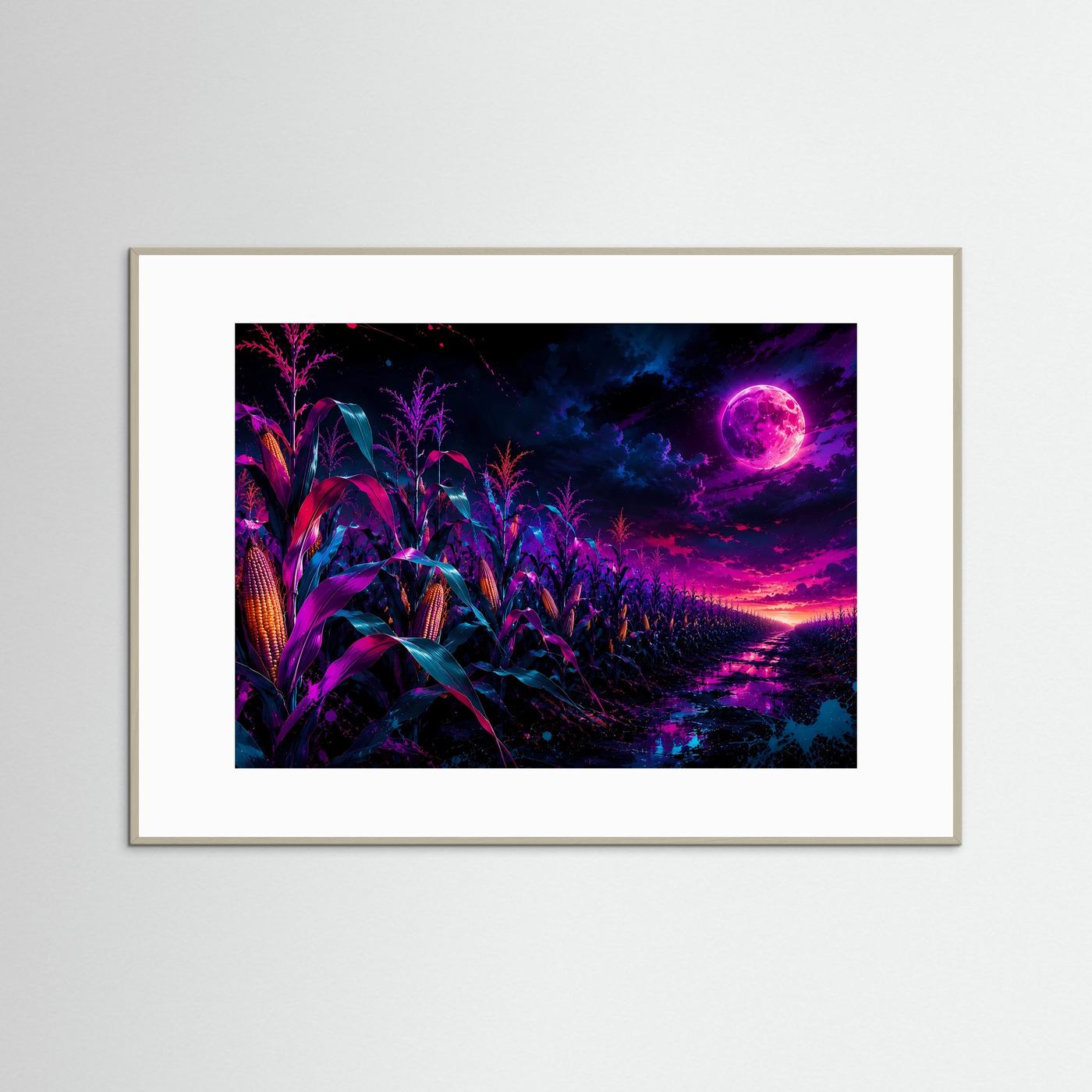 Neon-Maisfeld bei Vollmond | Mystische Fantasy-Landschaft in Pink, Lila & Blau