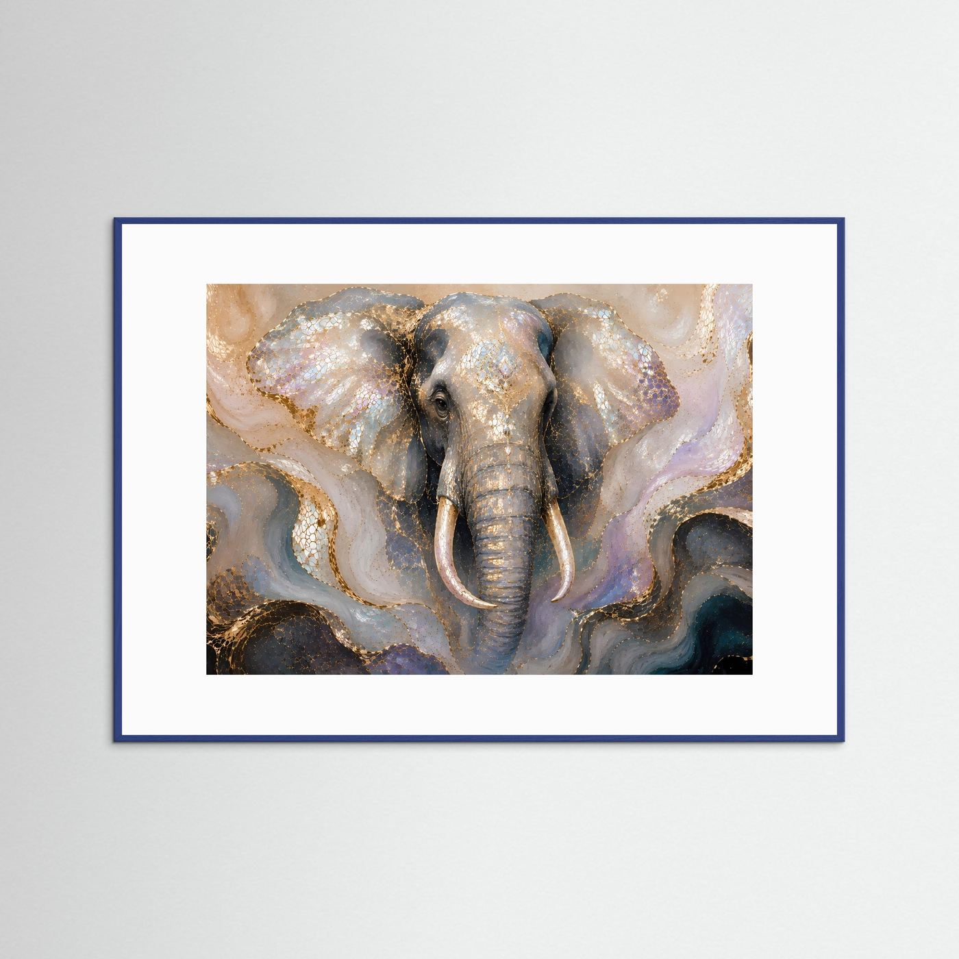 Querformat-Poster mit Elefant im Perlmutt-Look, in blauem Rahmen und weißer Einfassung