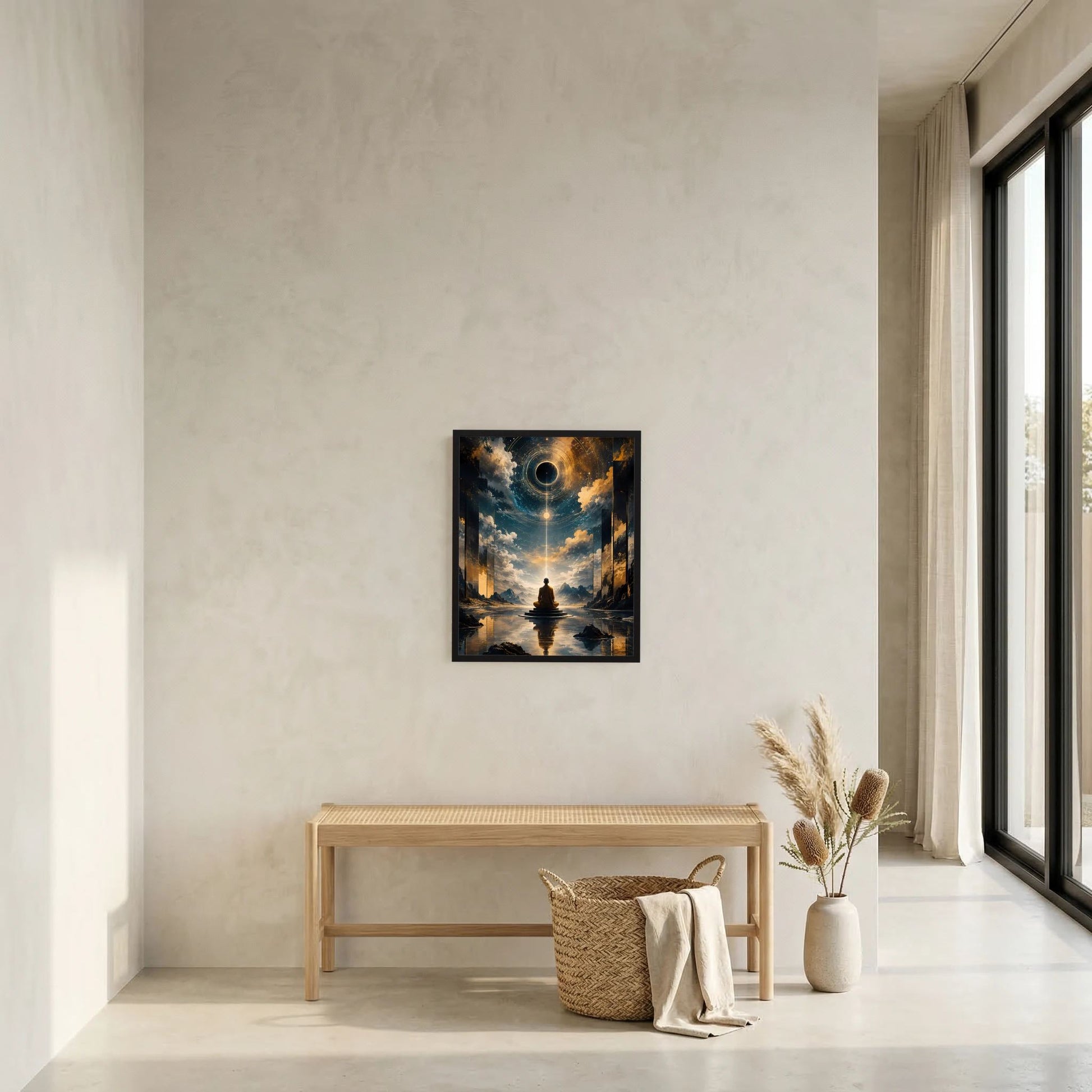 Hochformatposter im schwarzen Rahmen mit Mönch vor türkis-goldenem Himmel und Wolkenstrahlen.