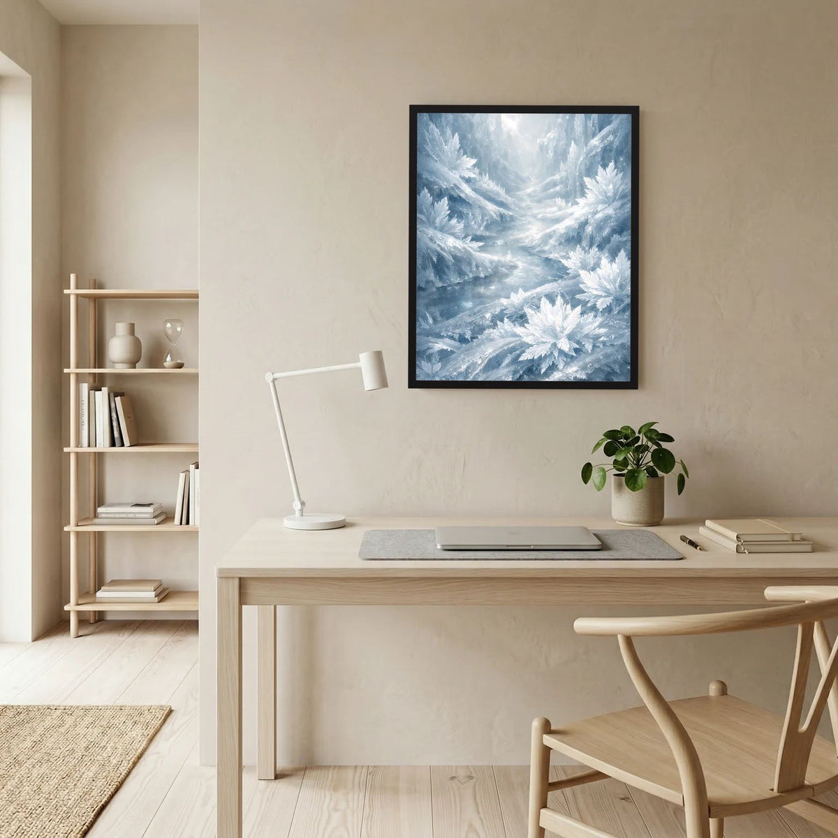 Poster mit Eislandschaft und Eiskristallen im dunklen Rahmen an der Wand