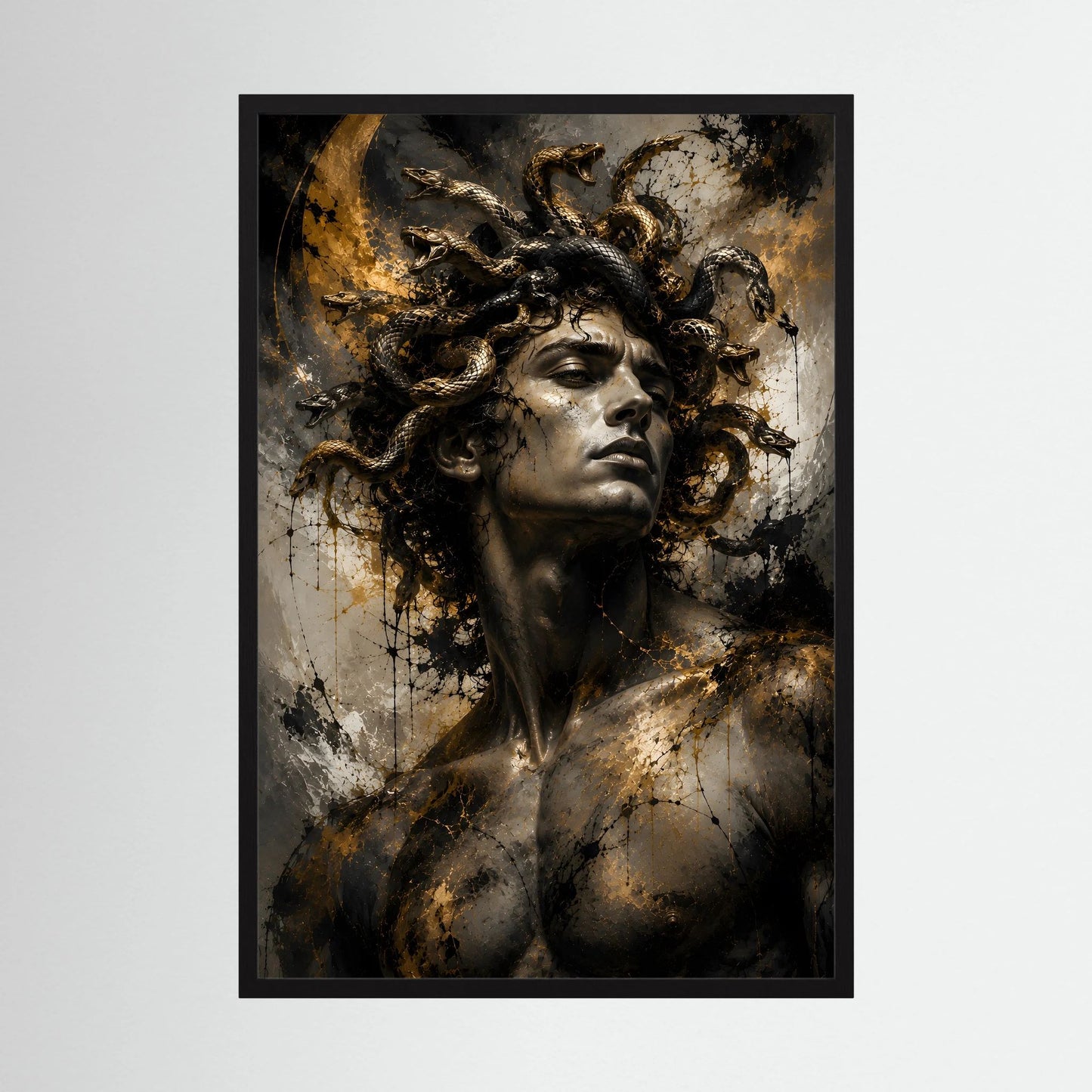 Kunstposter (Hochformat) mit Porträt: lockiger Mann mit goldenen Spritzern, dunklem Haar