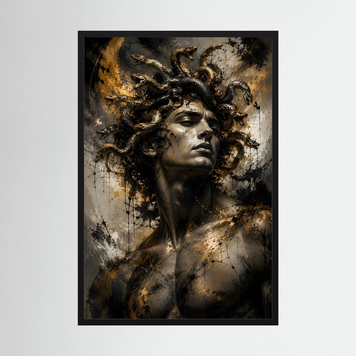Kunstposter (Hochformat) mit Porträt: lockiger Mann mit goldenen Spritzern, dunklem Haar