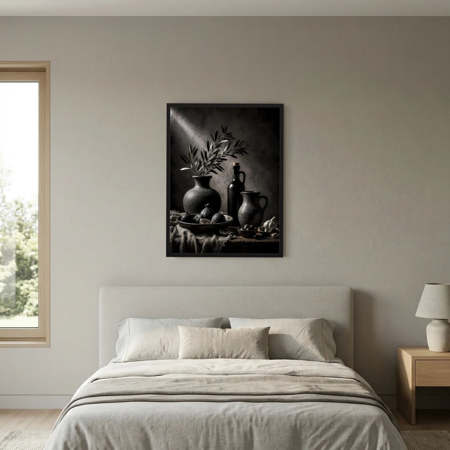 Poster mit Schwarzweiß-Stillleben im schwarzen Rahmen: Vasen, Flaschen und Olivenzweig.
