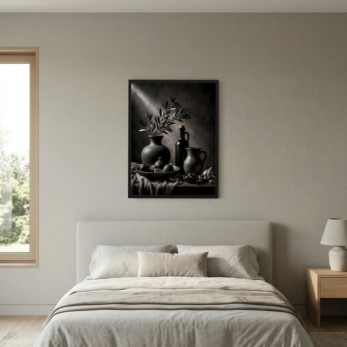 Poster mit Schwarzweiß-Stillleben im schwarzen Rahmen: Vasen, Flaschen und Olivenzweig.