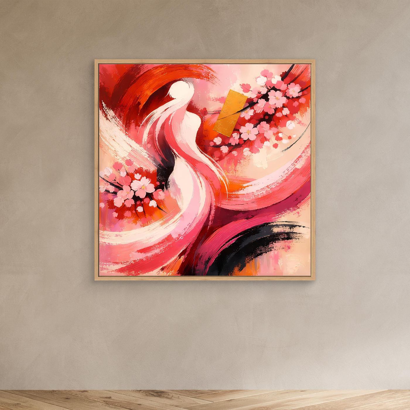 Abstraktes Wandbild mit beigem Rahmen: Kirschblüten, weiße Frauensilhouette, rote und rosa Pinselstriche