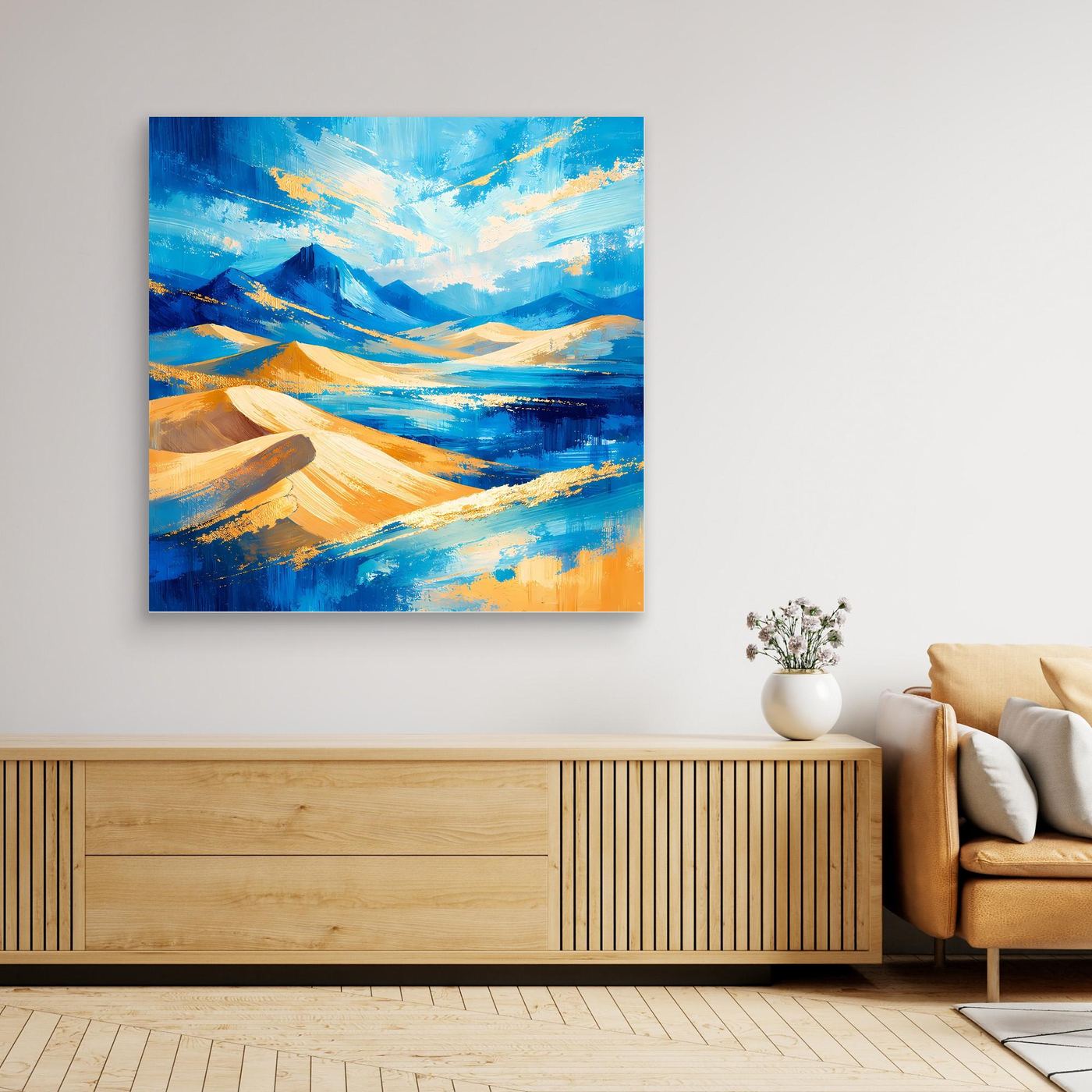 Leinwandbild im Querformat mit abstrakter Berg- und Küstenlandschaft in Blau und Gelb