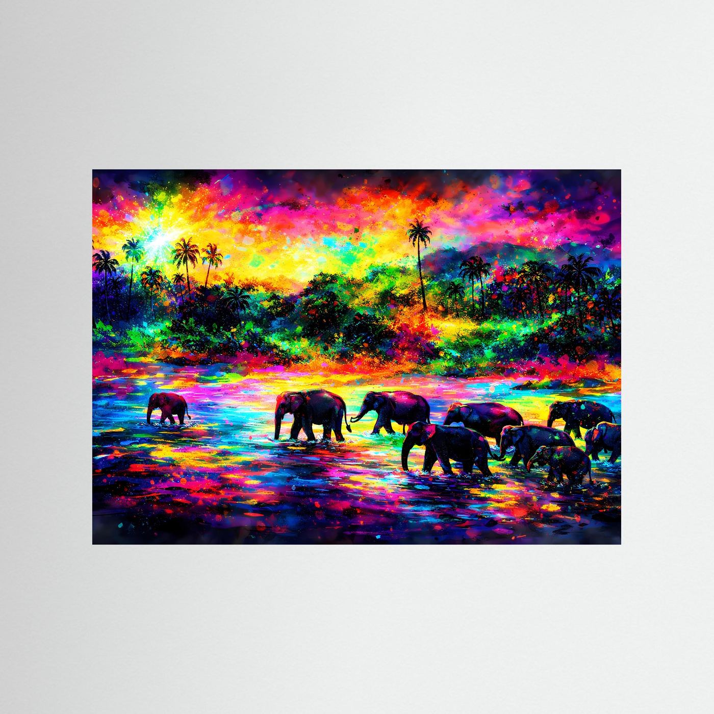 Kunstdruck: Elefantenherde am Tropenfluss mit Neon-Himmel und Palmen, Querformat