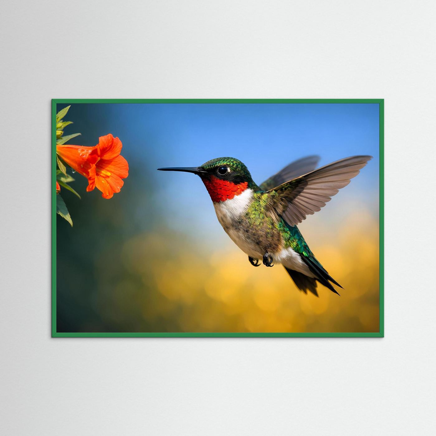 Naturposter (Querformat) mit schwebendem Kolibri und oranger Blüte, gerahmt