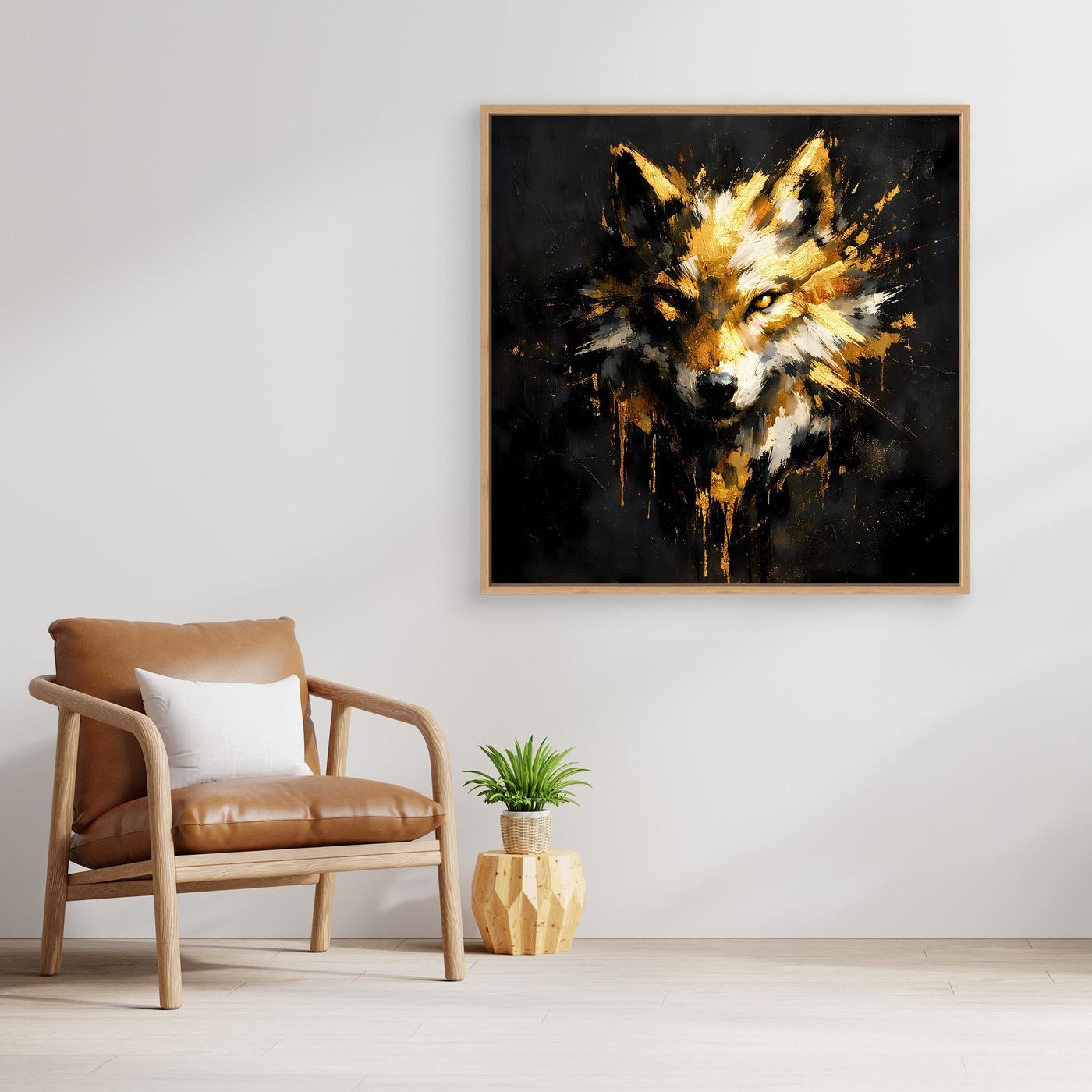 Leinwand Goldener Wolfskopf | Abstraktes Wildtier Wandbild Modern