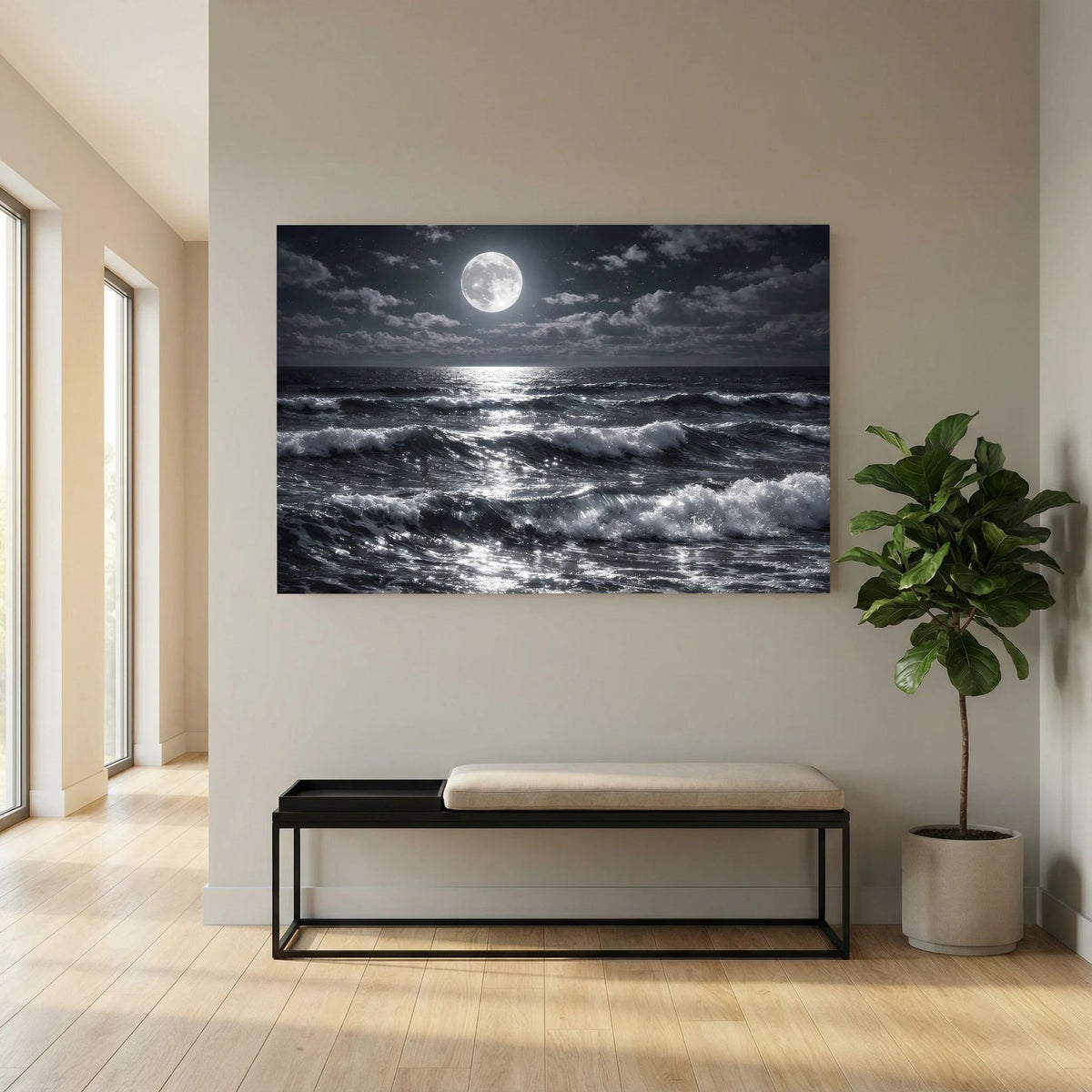 Meerwellen-Wandposter mit Vollmond am Horizont, schwarz-weiß, Querformat