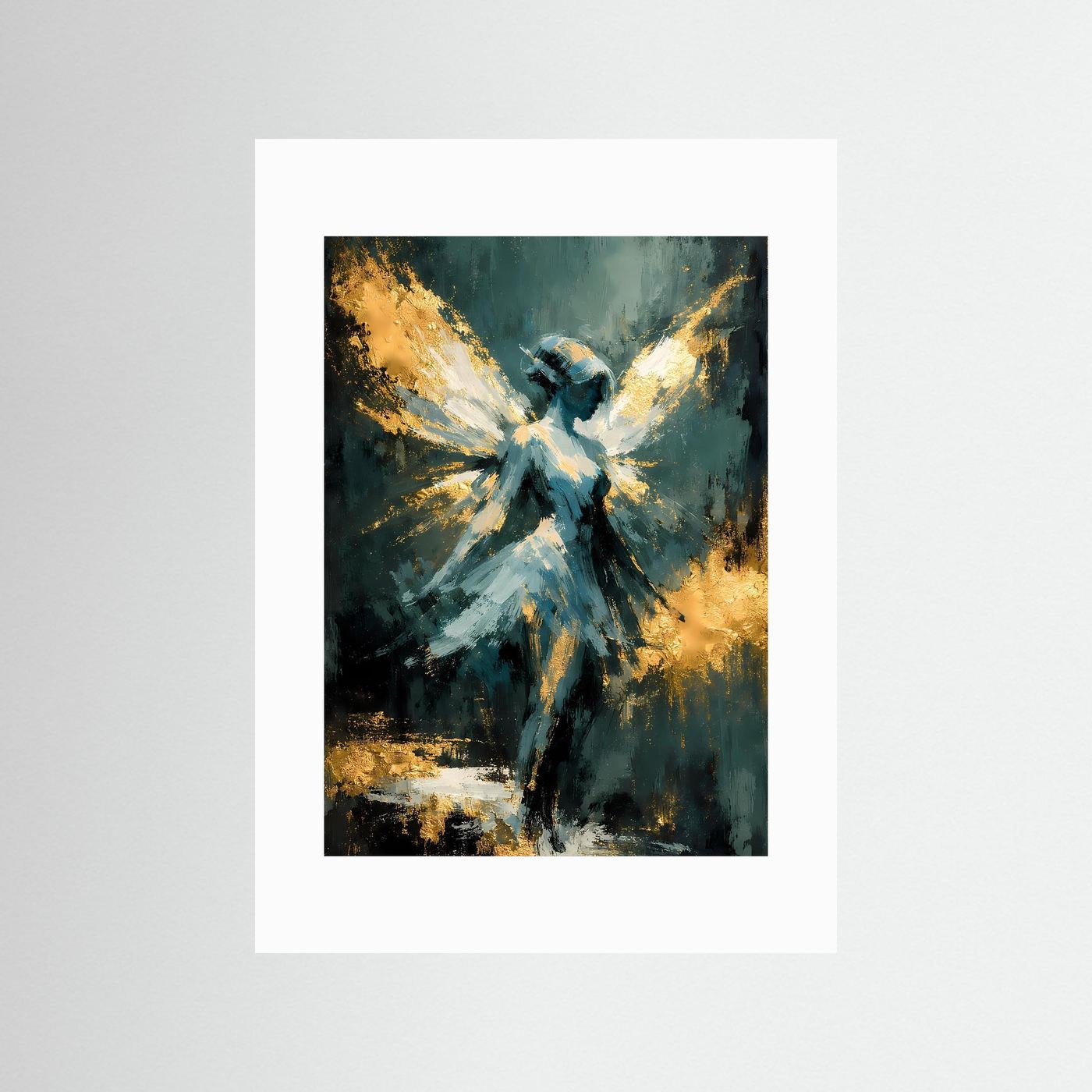 Abstraktes Ballett-Poster mit Engel-Ballerina und Flügeln in Salbeigrün und Gold, mit weißem Rand