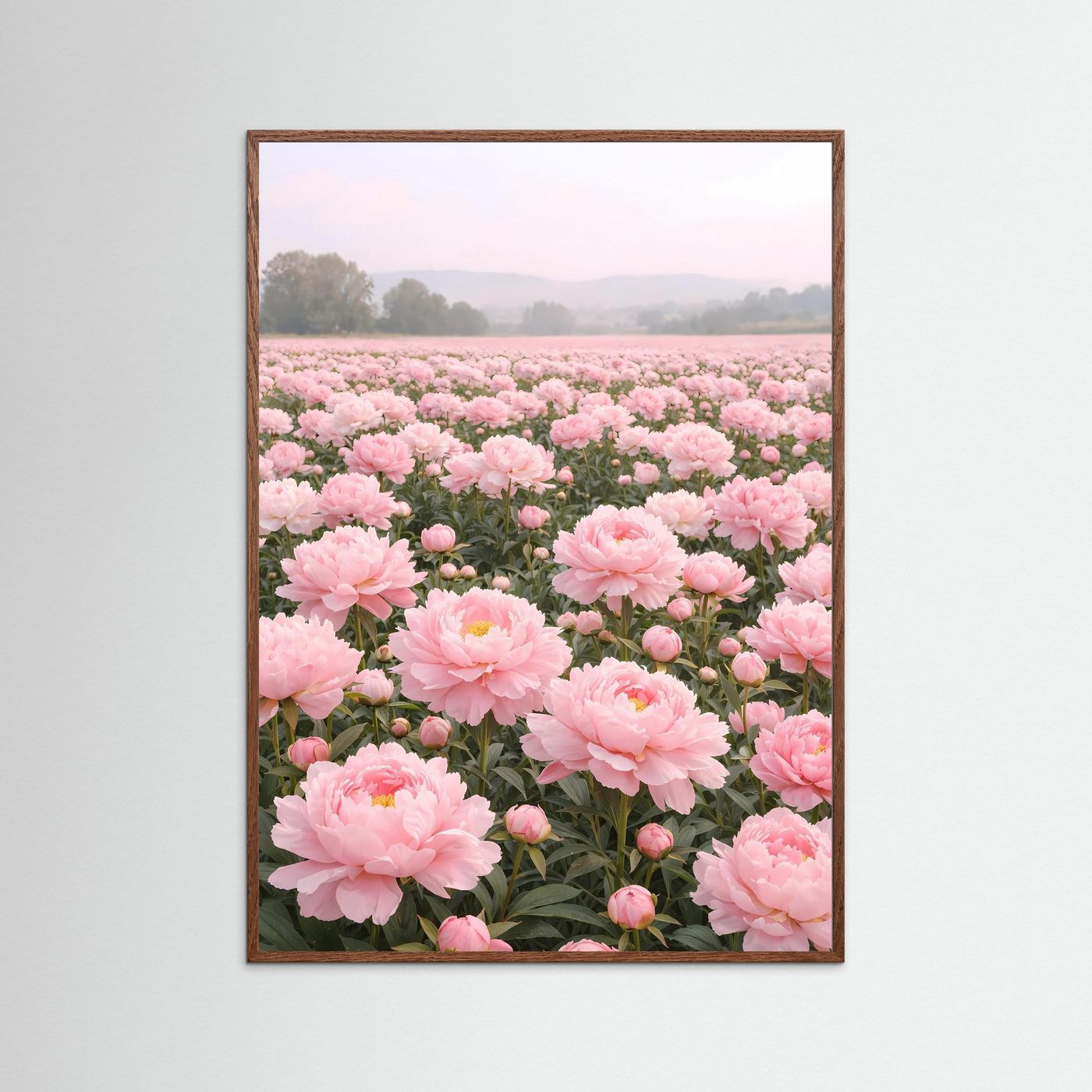 Poster Pfingstrosenfeld im Morgendunst | Rosa Blumenwiese Wandbild