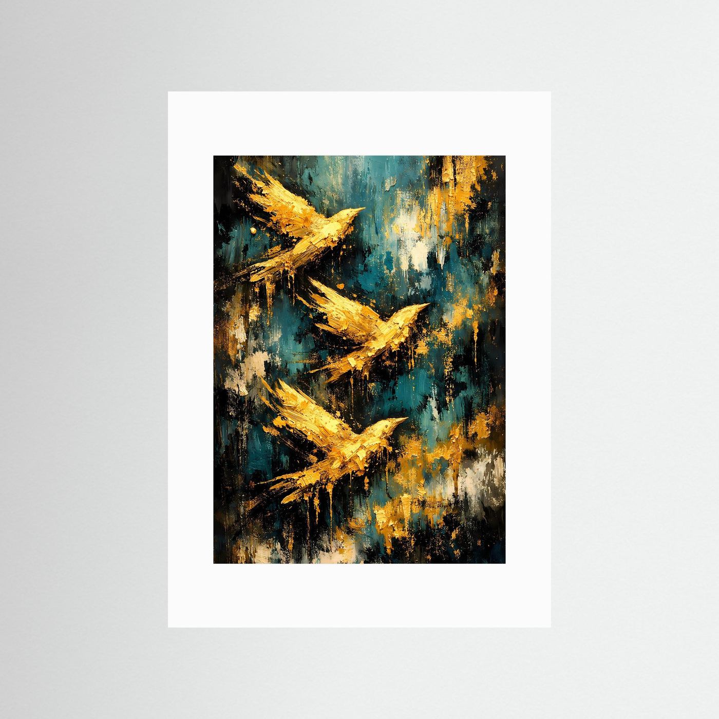 Vögel-Poster mit weißem Passepartout: goldene Flugvögel auf türkis-blauem abstraktem Grund