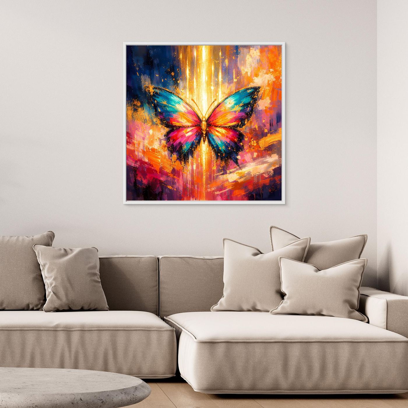 Gerahmtes Leinwandbild (schwarzer Rahmen) mit Schmetterling und goldenen Lichtstrahlen, bunt