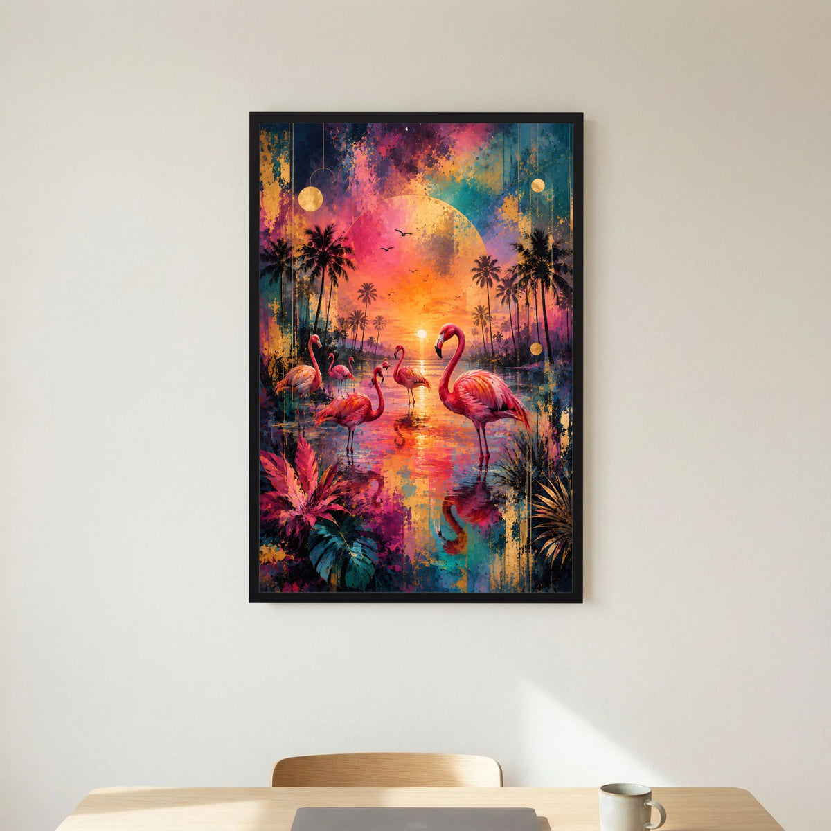 Hochformat-Poster mit Flamingos im tropischen Sonnenuntergang, schwarzer Rahmen