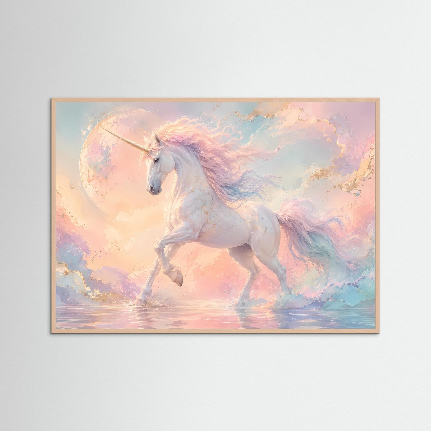 Magisches Einhorn Poster Querformat | Fantasie Wandbild Pastell Himmel & Mond | Mystische Fantasy Kunst