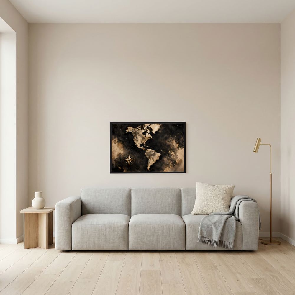 Wandposter Weltkarte Amerika mit Kompass, schwarz-gold, querformat, im schwarzen Rahmen