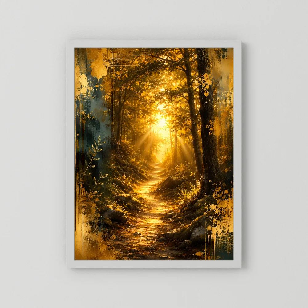 Wandposter Waldweg mit Sonnenlicht, ohne sichtbaren Rahmen, mit weißem Rand