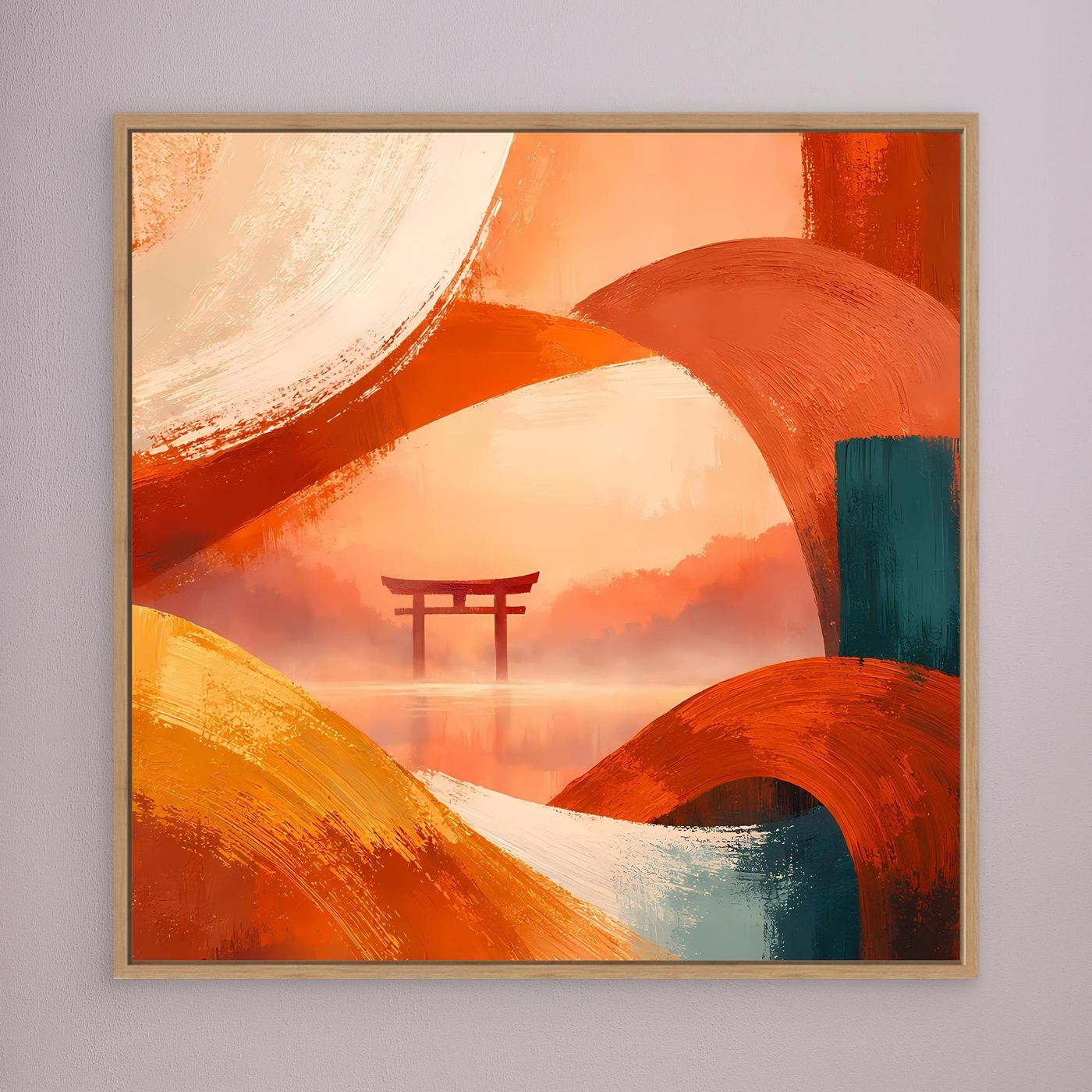 Leinwandbild mit Torii-Motiv, warmes Farbenspiel in Orange und Grün, Holzrahmen.