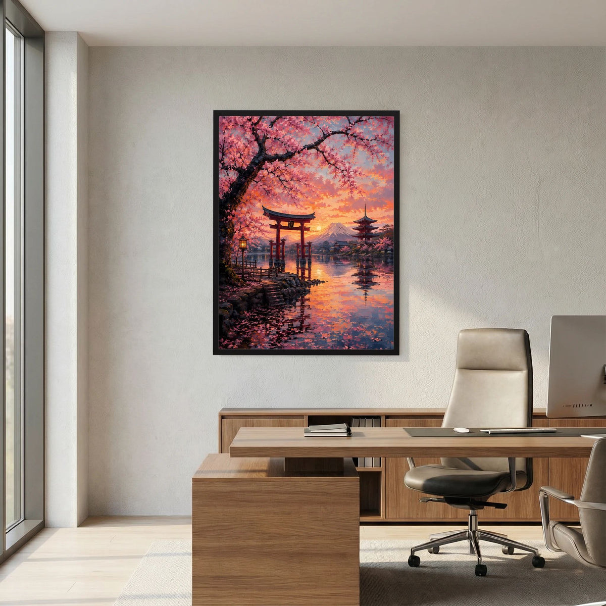 Japanisches Hochformat-Poster mit Torii am Wasser, Kirschblütenblüten und Fuji im Sonnenuntergang, schwarzer Rahmen.