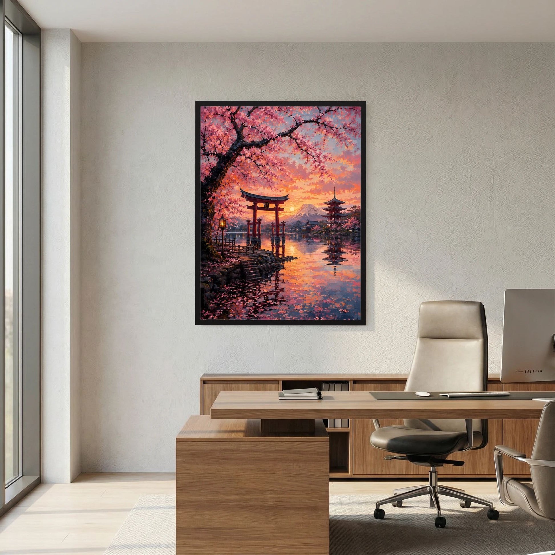 Japanisches Hochformat-Poster mit Torii am Wasser, Kirschblütenblüten und Fuji im Sonnenuntergang, schwarzer Rahmen.