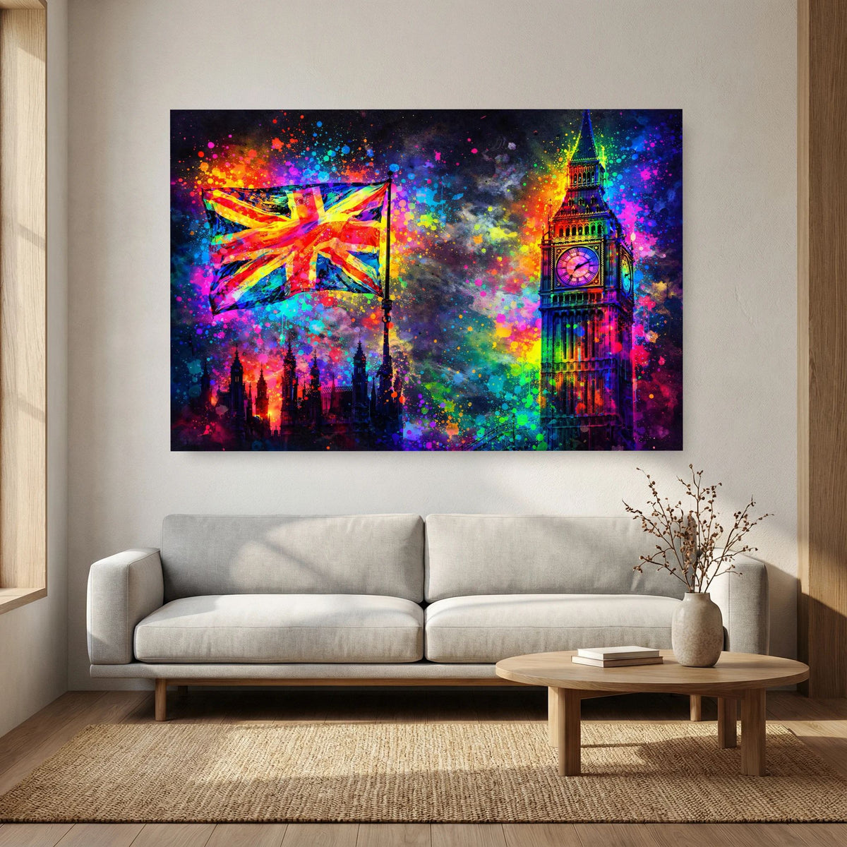 Neonfarbenes Pop-Art-Wandbild im Querformat mit Big Ben und Union-Jack-Flagge