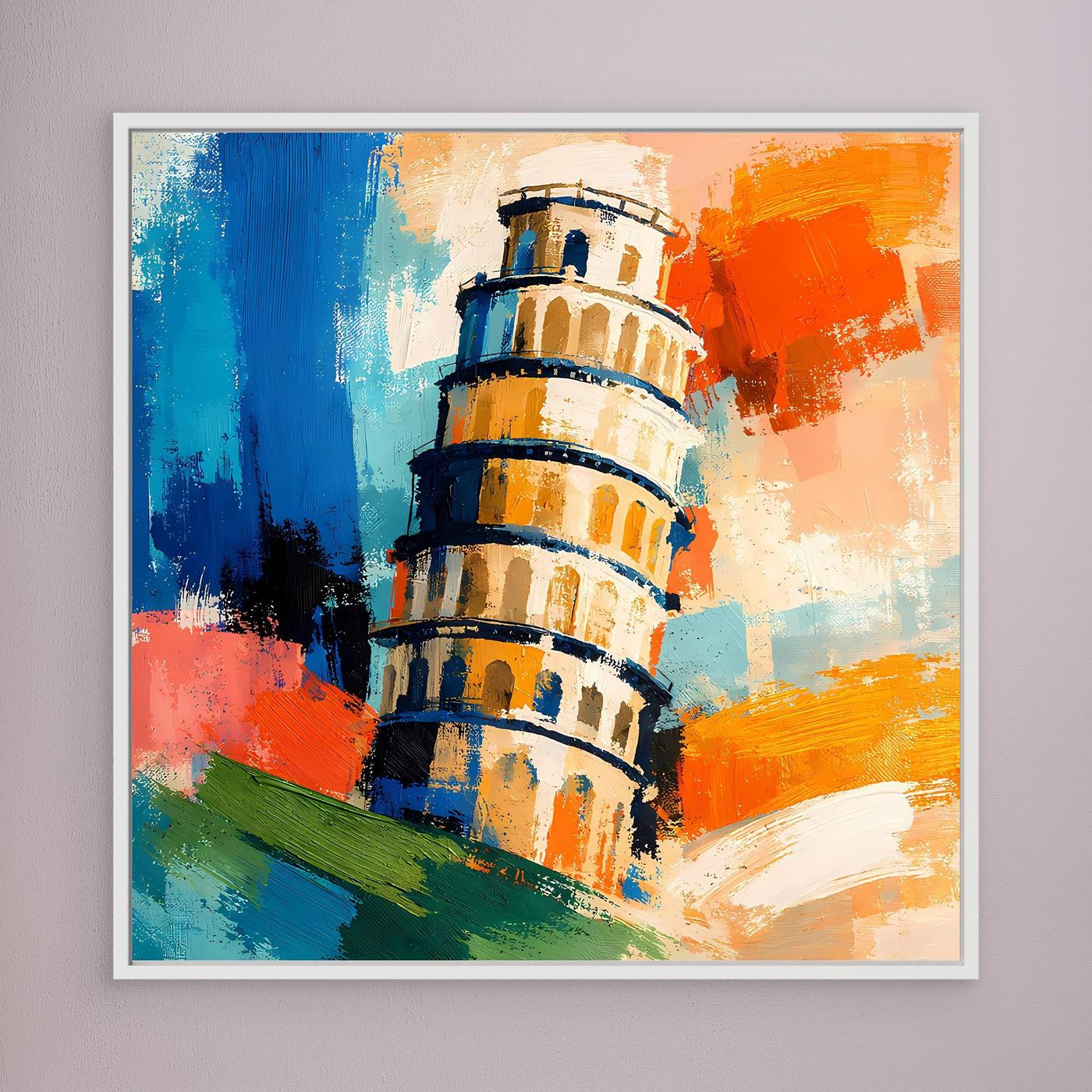 Framed abstract tower painting with light frame and blue-orange-green strokes