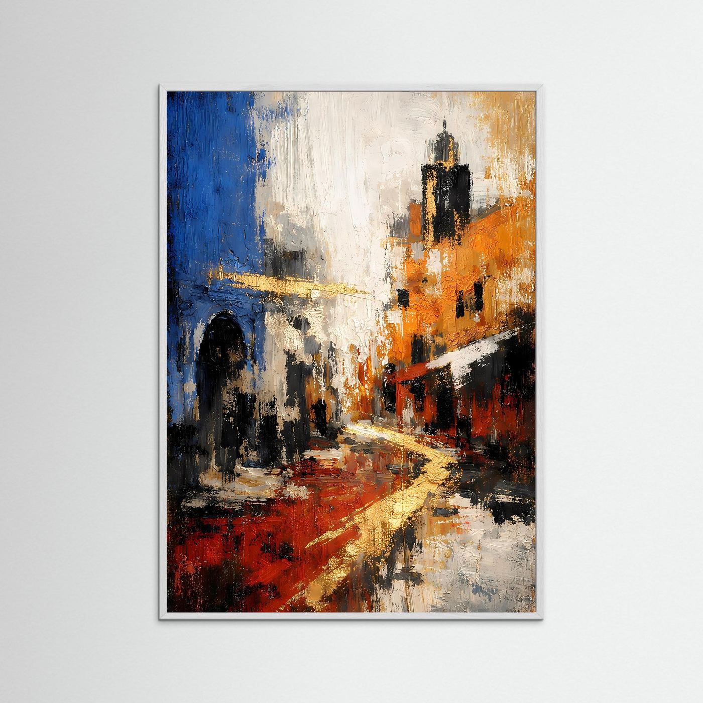 Abstraktes Gassen-Poster mit weißem Rahmen, abstrakte Gasse in Blau, Orange, Rot und Schwarz