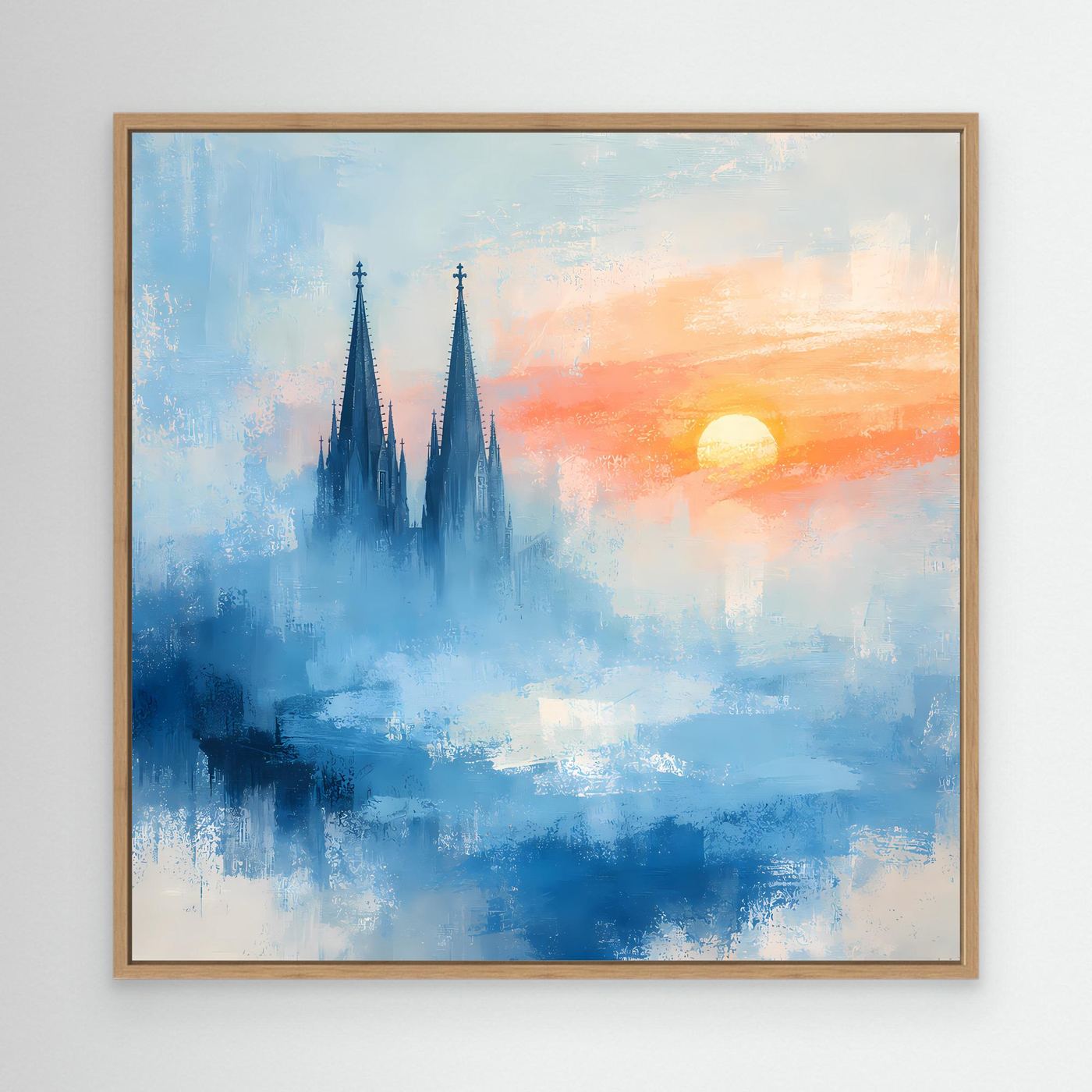 Kölner Dom Silhouette in Nebelblau | Moderne Abstrakte Leinwand mit Sonnenaufgang